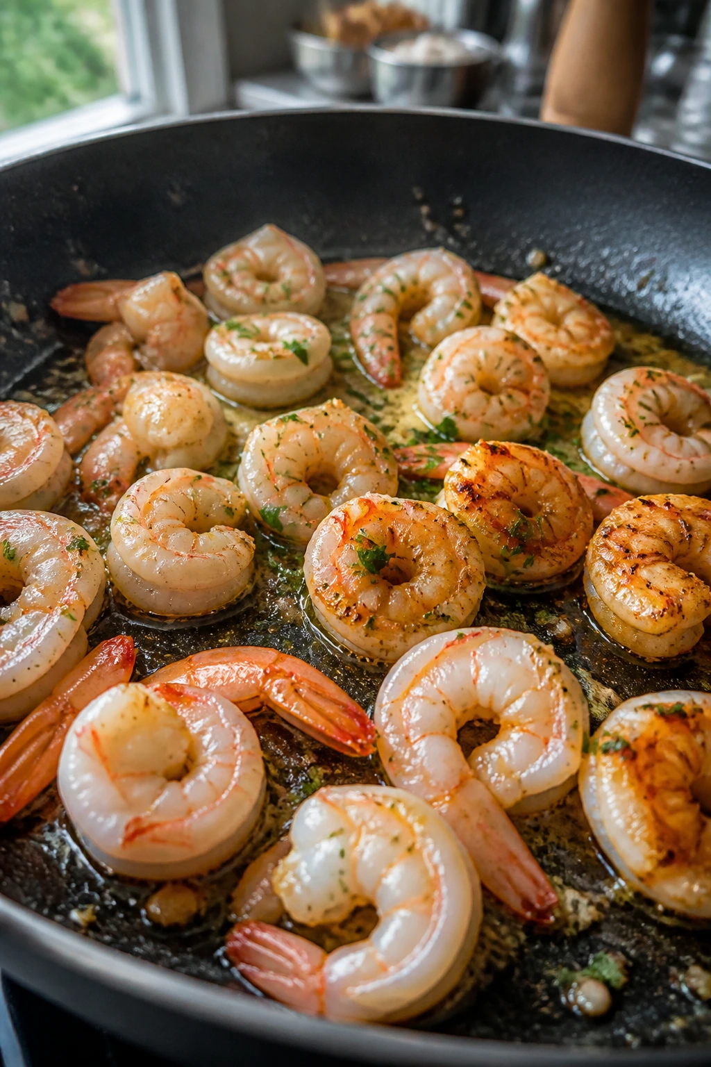 Shrimp in a skillet showing overcooked and properly cooked pieces