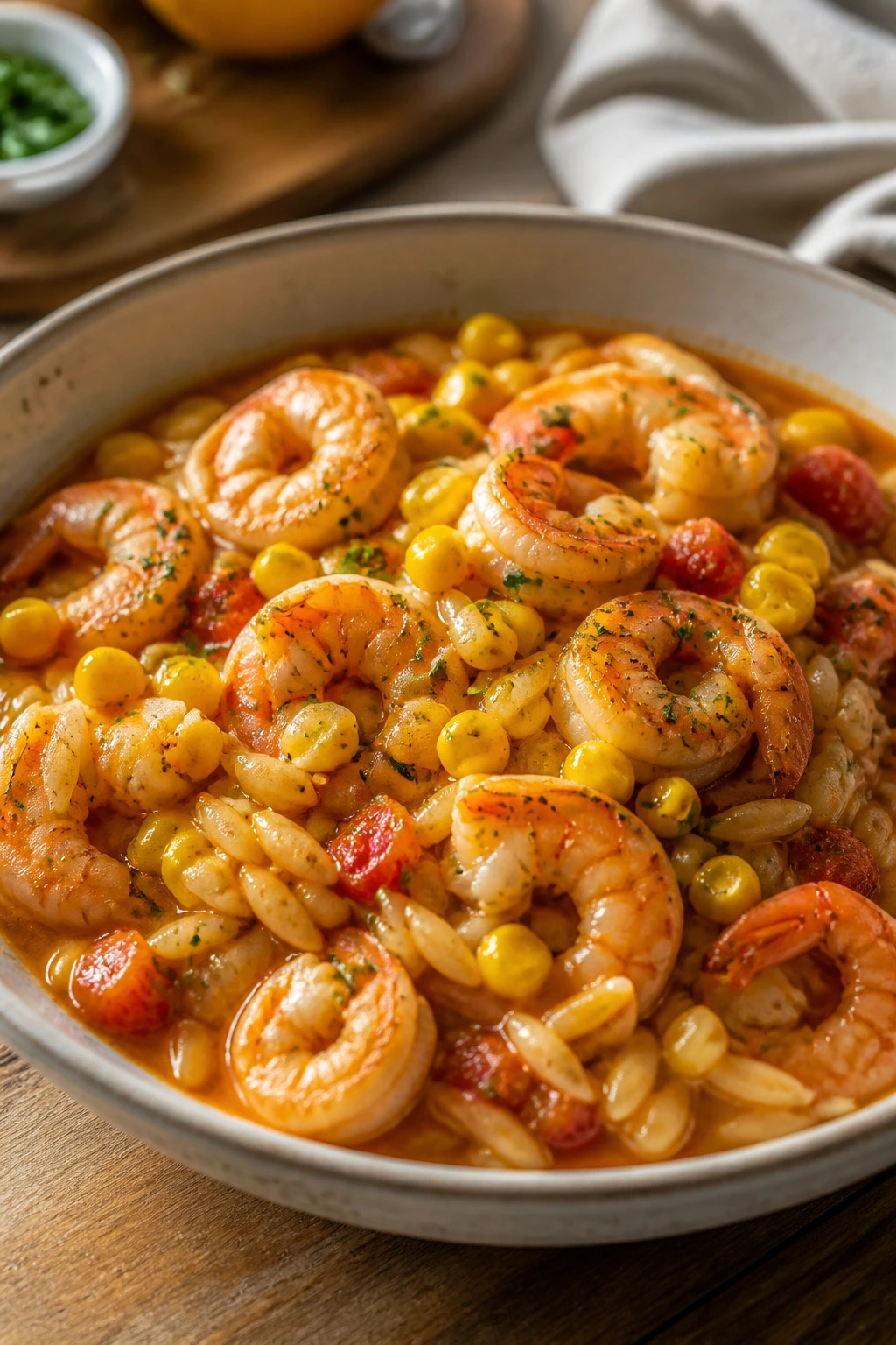 Shrimp, corn, and tomato orzo in a bowl