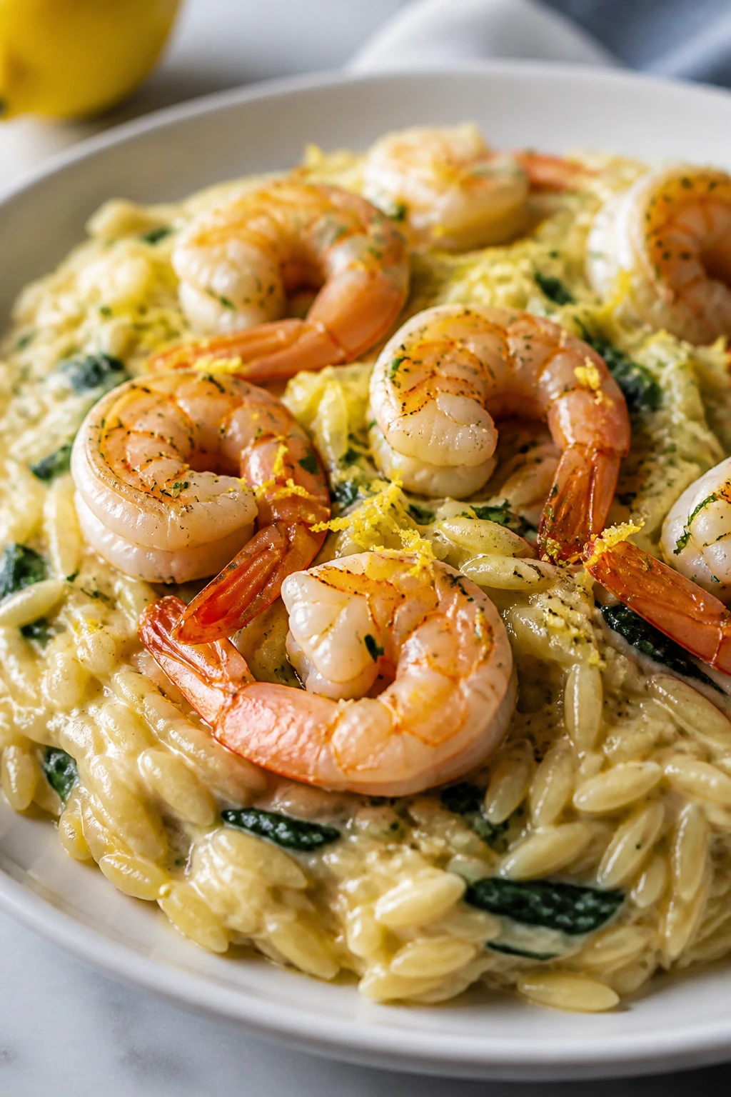 Shrimp over lemon orzo with spinach on plate