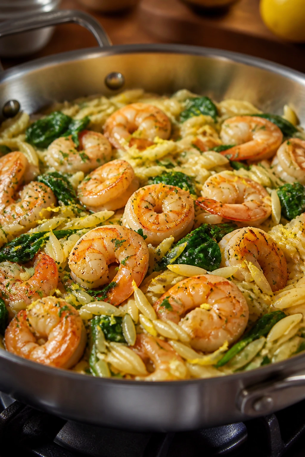 Shrimp and orzo in a skillet with lemon and spinach