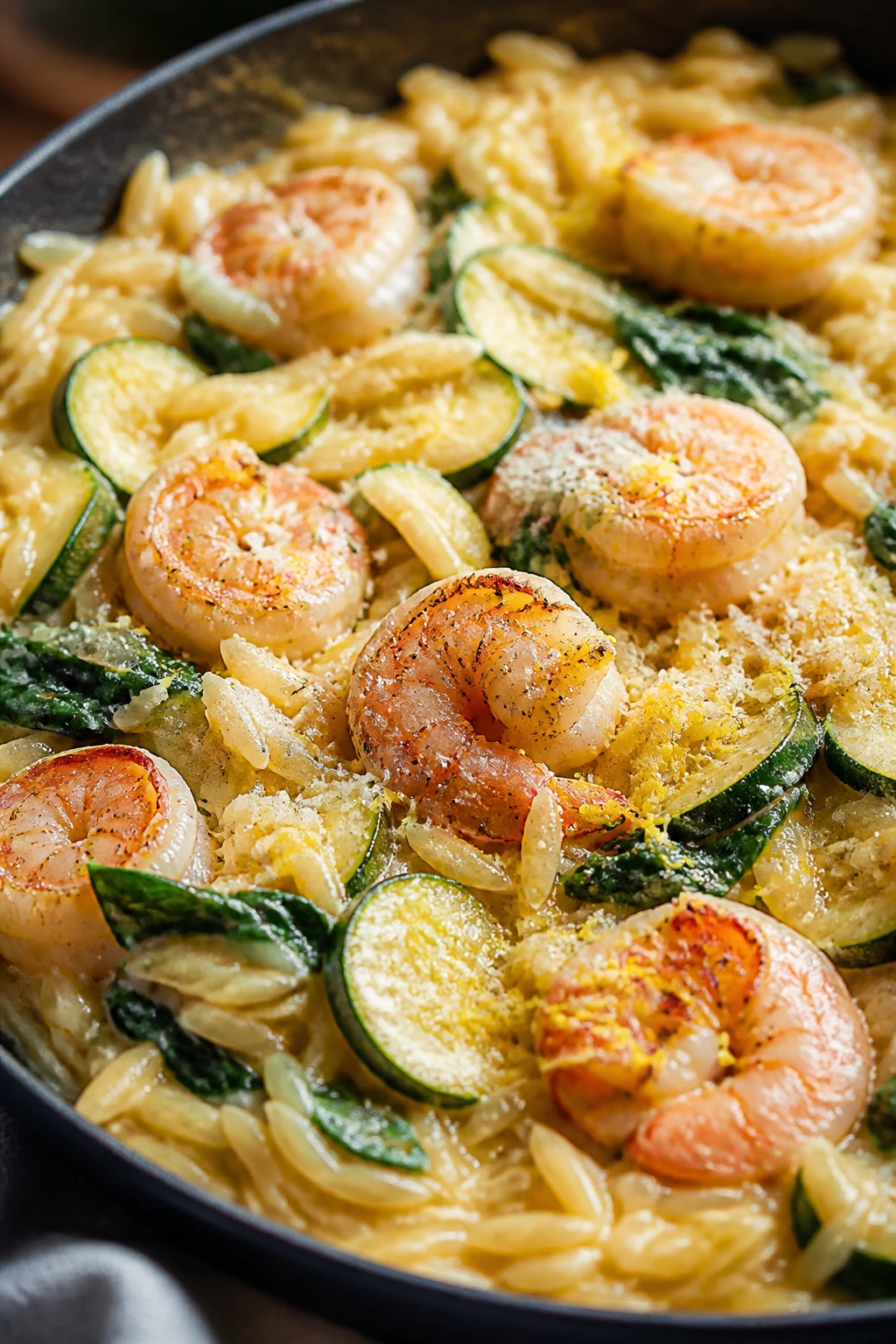 Close-up of creamy orzo with shrimp, zucchini, spinach and Parmesan