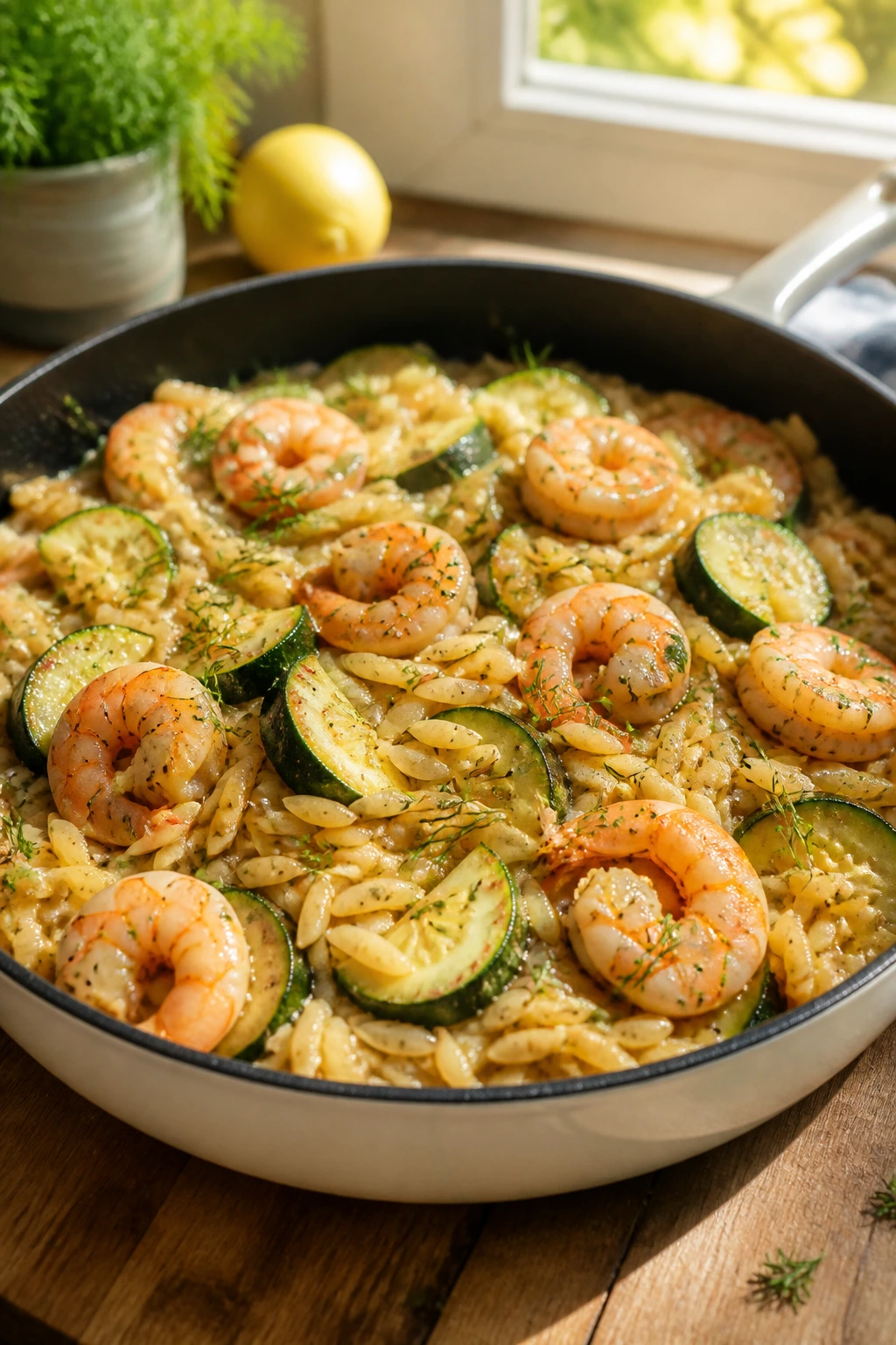 Shrimp orzo in skillet with zucchini and dill
