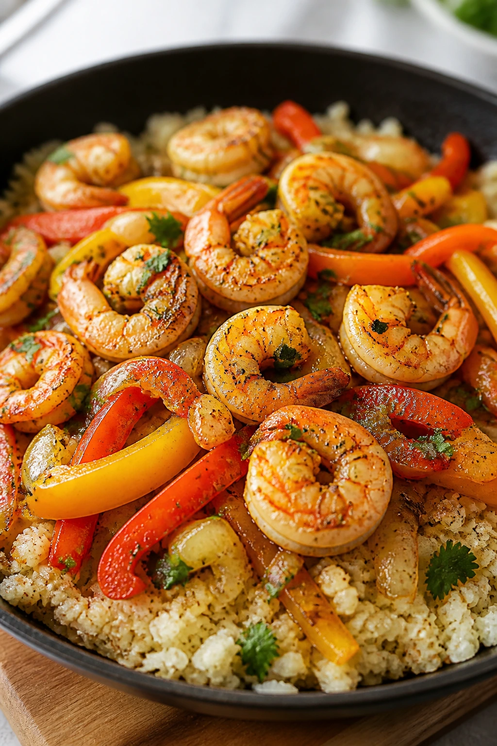 Close-up shrimp and peppers over cauliflower rice in skillet