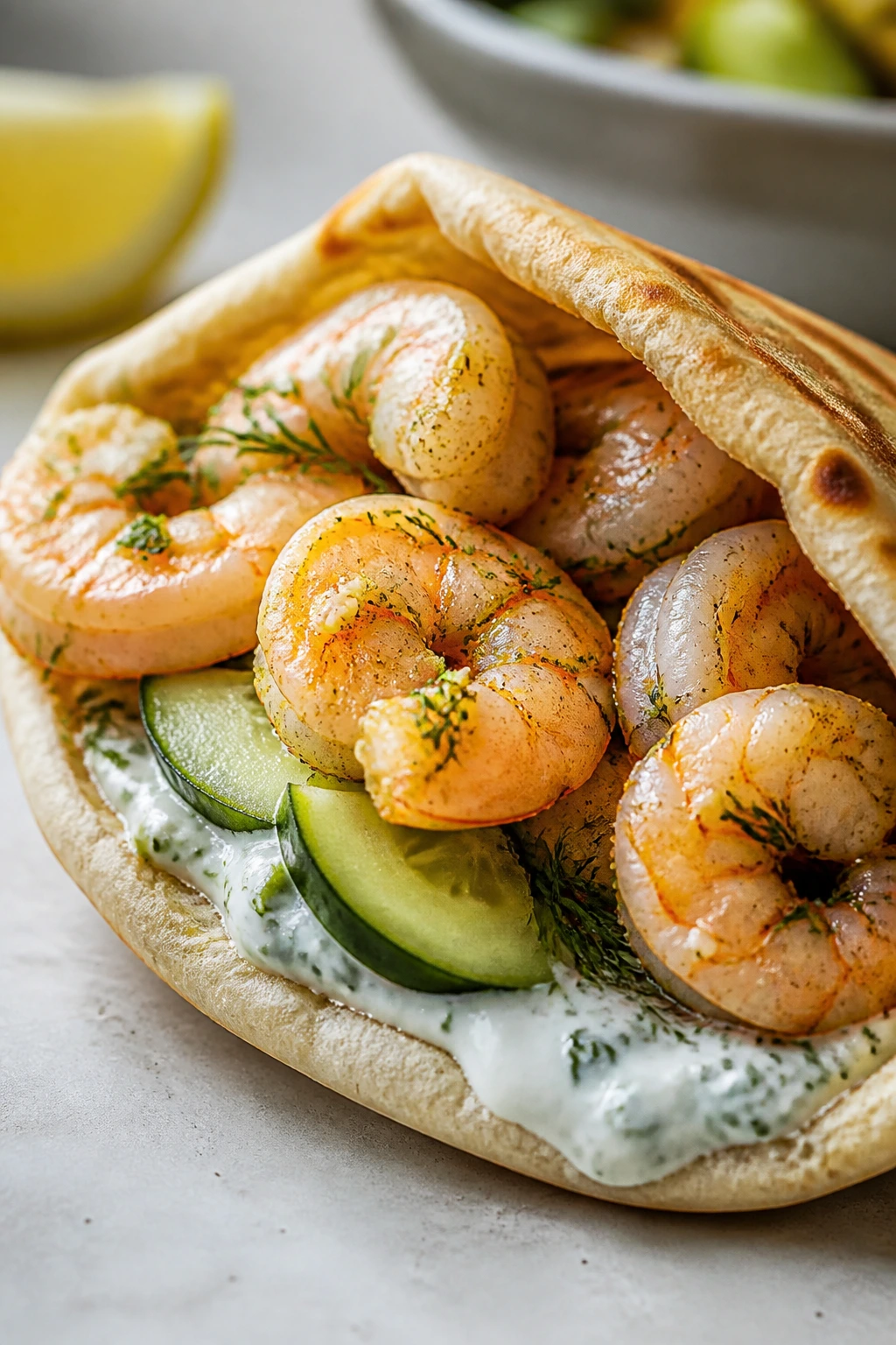 Pita stuffed with lemon-garlic shrimp and cucumber