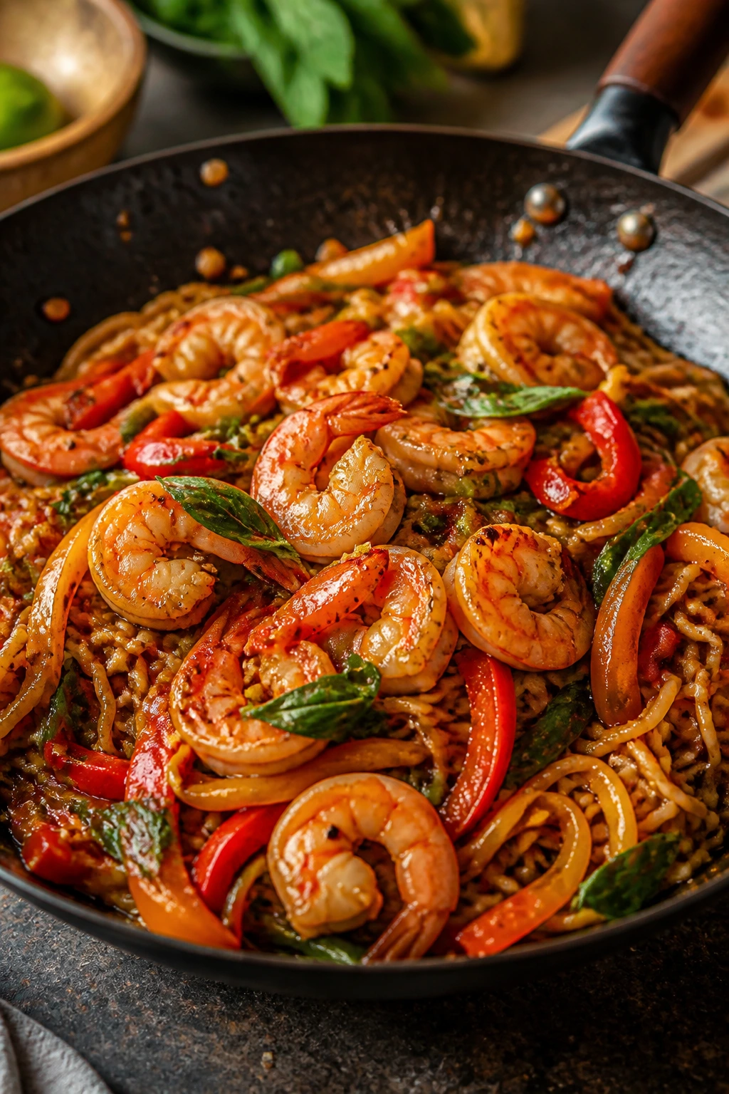 Close-up of Thai-style shrimp ramen stir-fry with shrimp and peppers