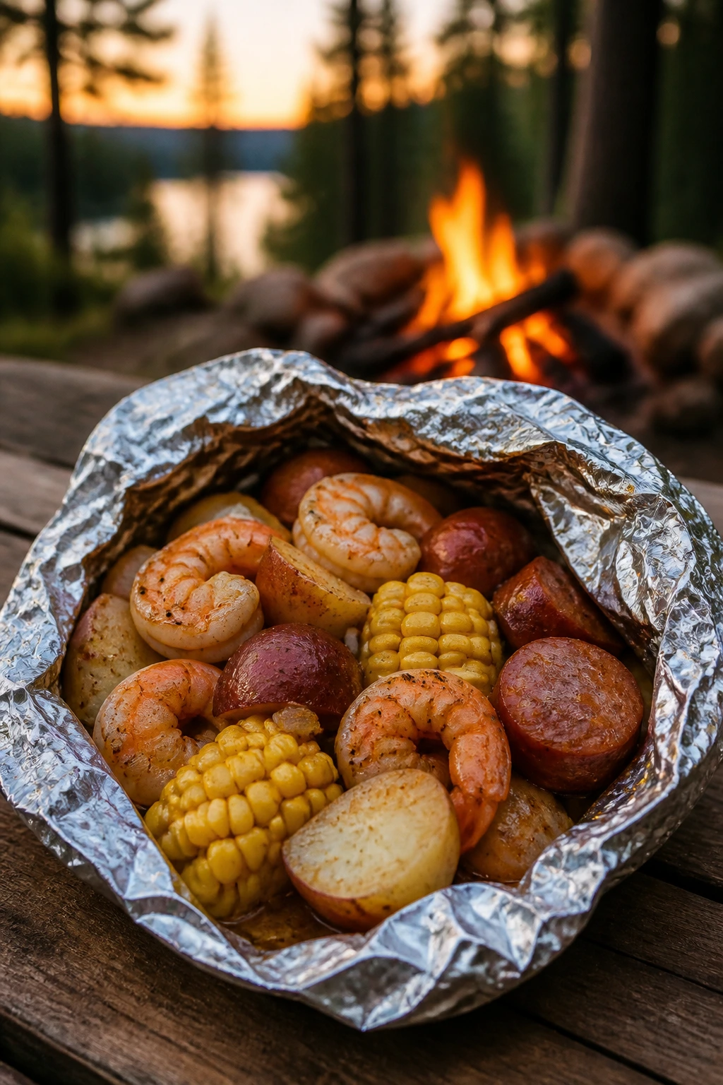Foil packet opened to shrimp, sausage, potatoes and corn in campfire setting.