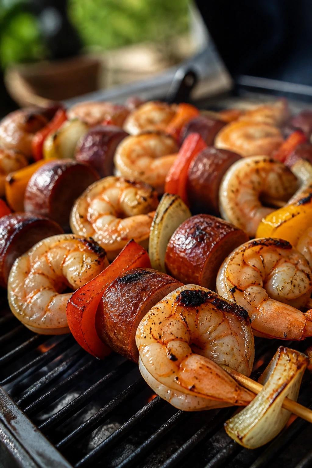Close-up shrimp and sausage skewers with peppers on a backyard grill.