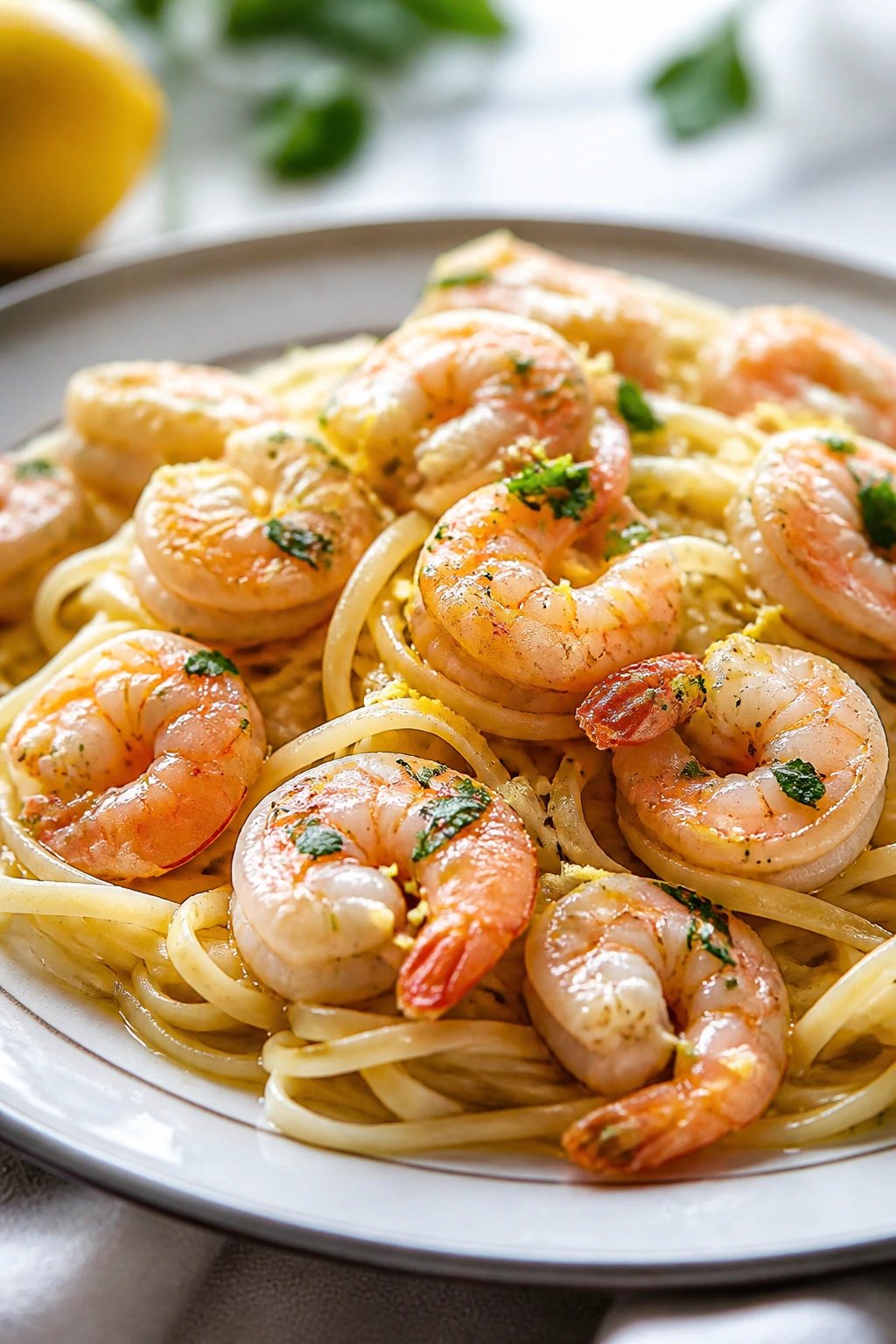 Shrimp scampi with linguine in garlic butter sauce