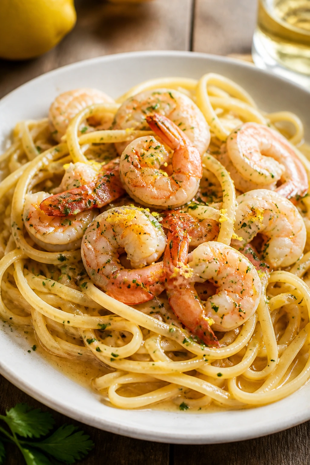 Linguine with shrimp in garlic butter sauce on plate