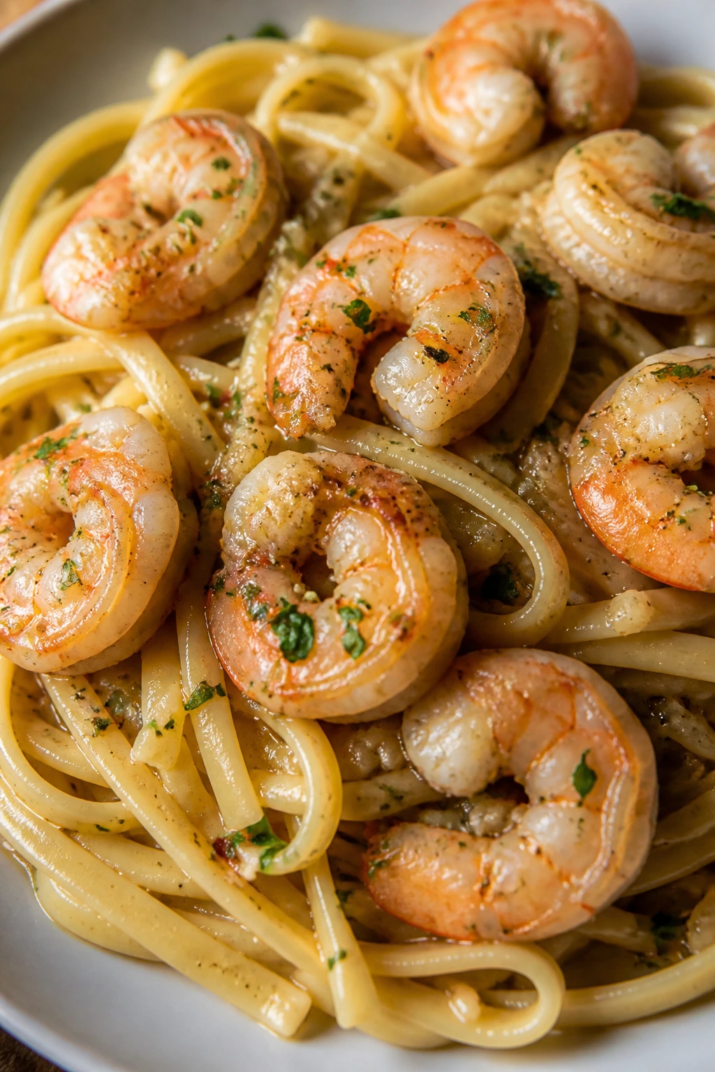 Shrimp scampi with linguine in garlic butter sauce on plate