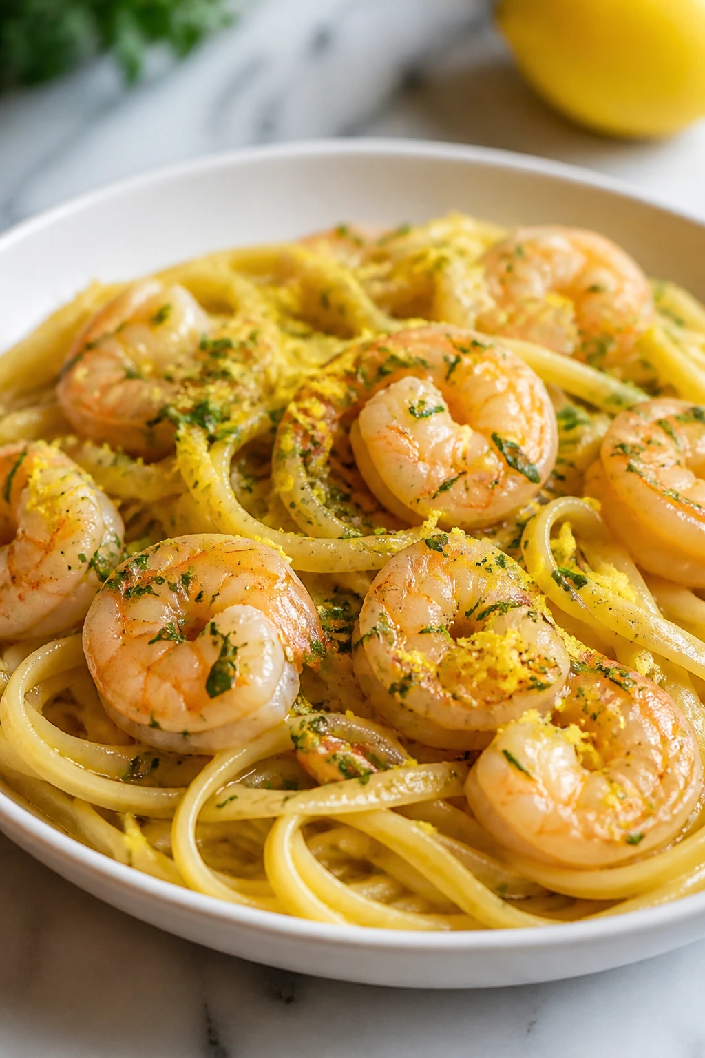Close-up of shrimp scampi with pasta and lemon on a plate.