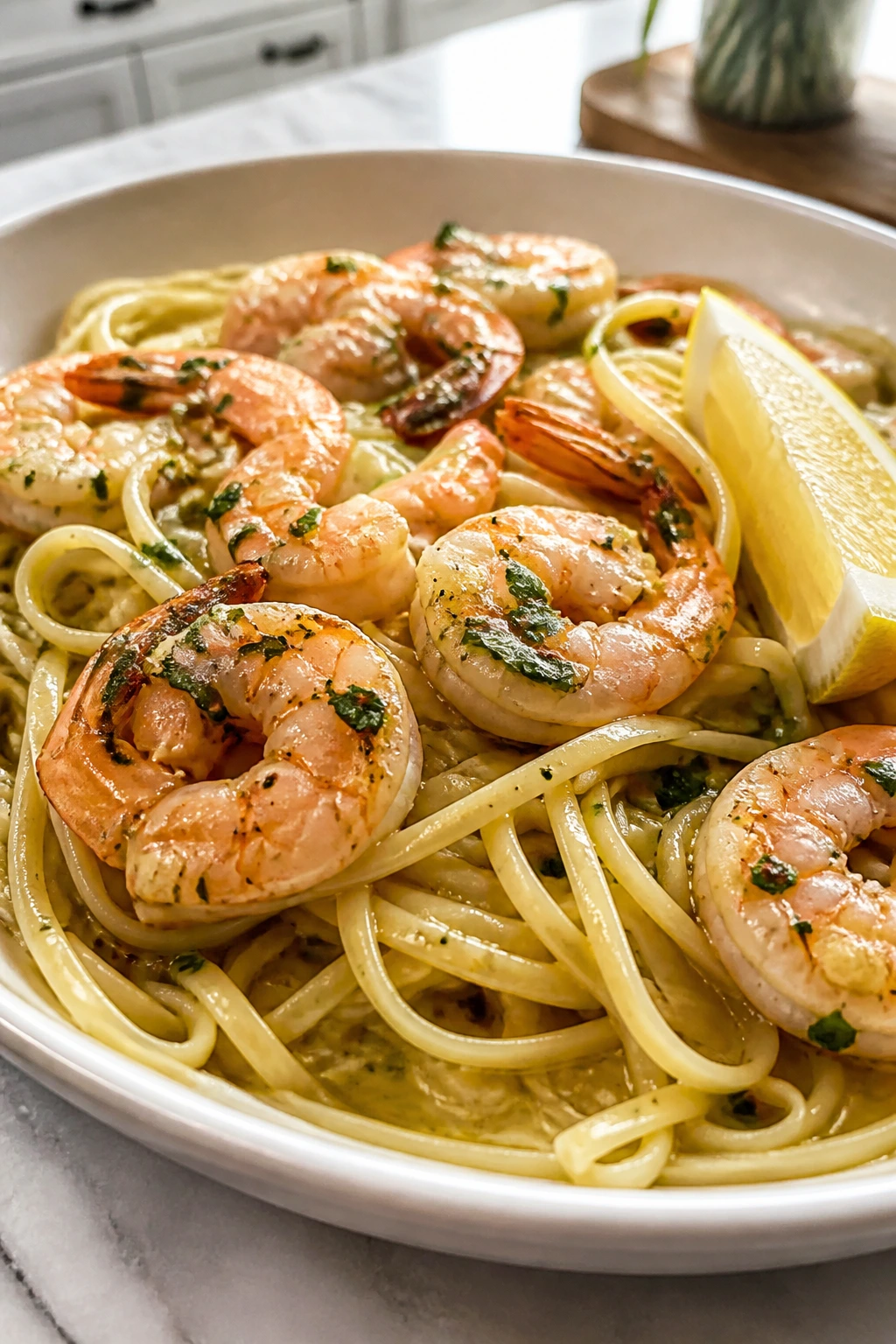 Close-up of Shrimp Scampi with Linguine plated with garlic butter sauce.
