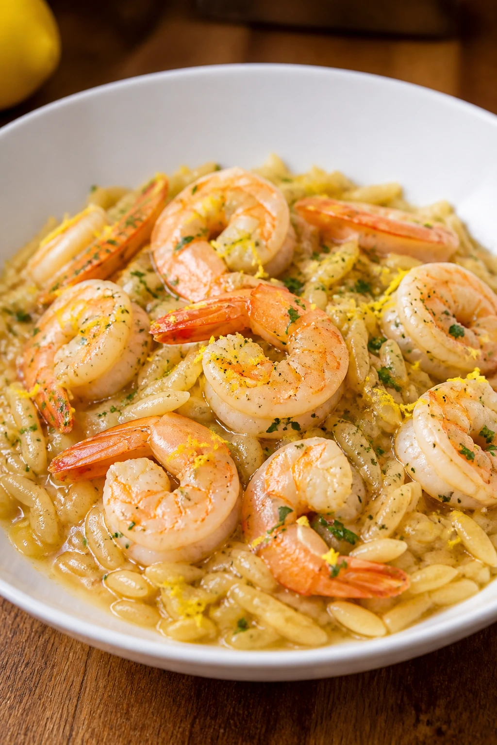 Close-up of shrimp scampi orzo in lemon butter sauce