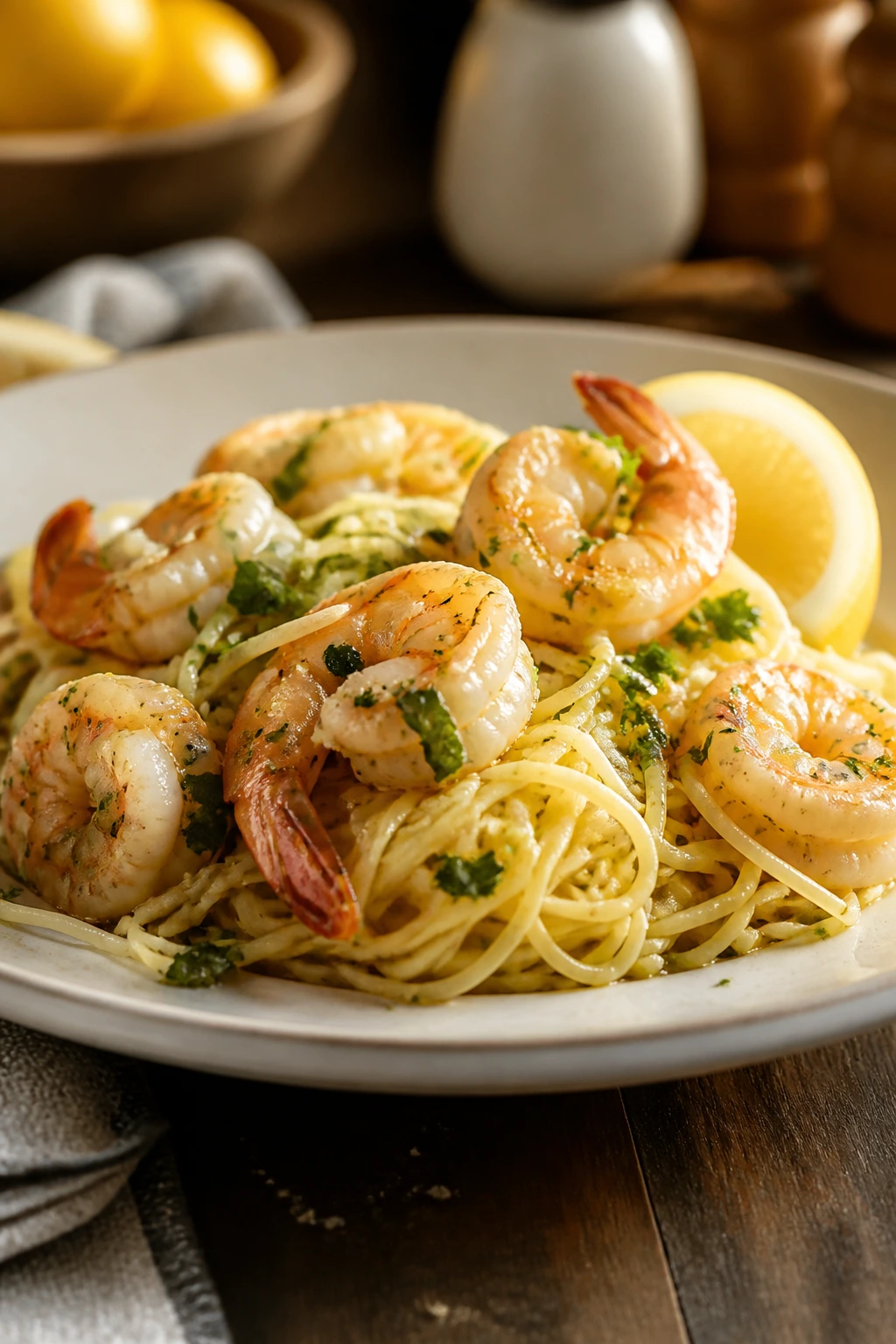 Shrimp scampi with angel hair pasta on plate.
