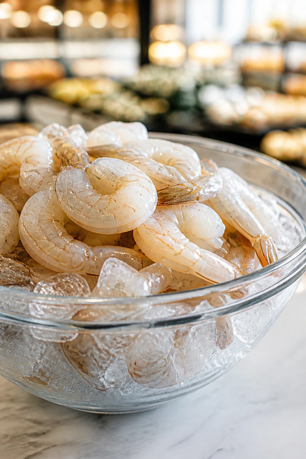 Raw shrimp on ice in a glass bowl on a counter