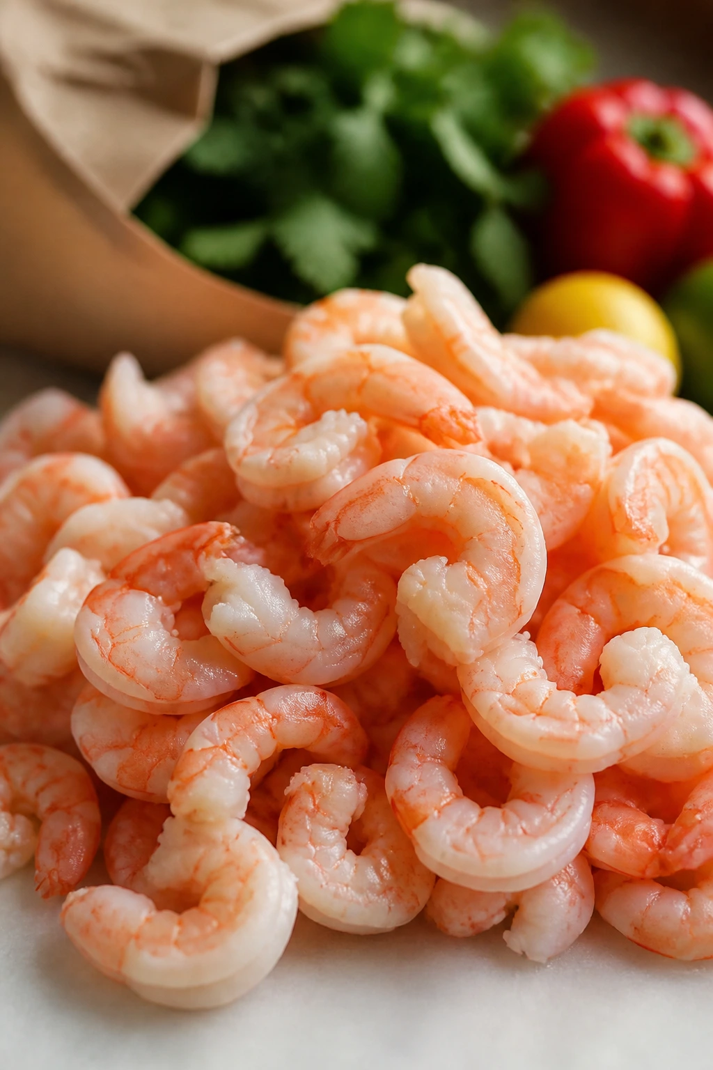Close-up of peeled shrimp on a bright surface with a soft grocery backdrop