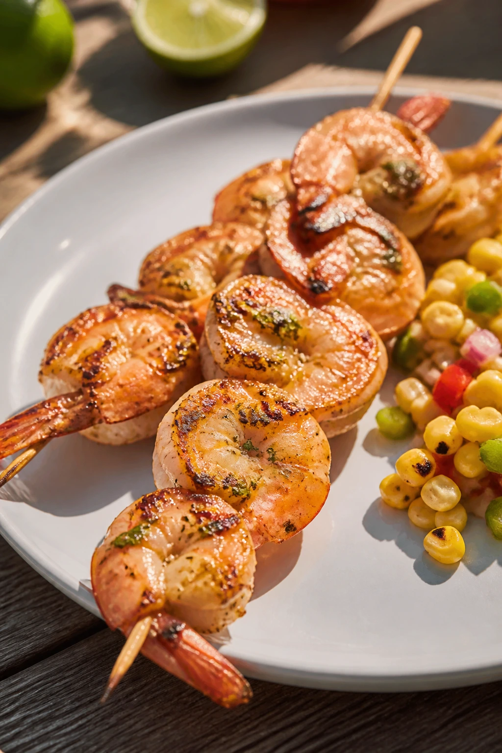 Close-up of garlic-lime shrimp skewers with a hint of corn salad in a backyard grilling scene.