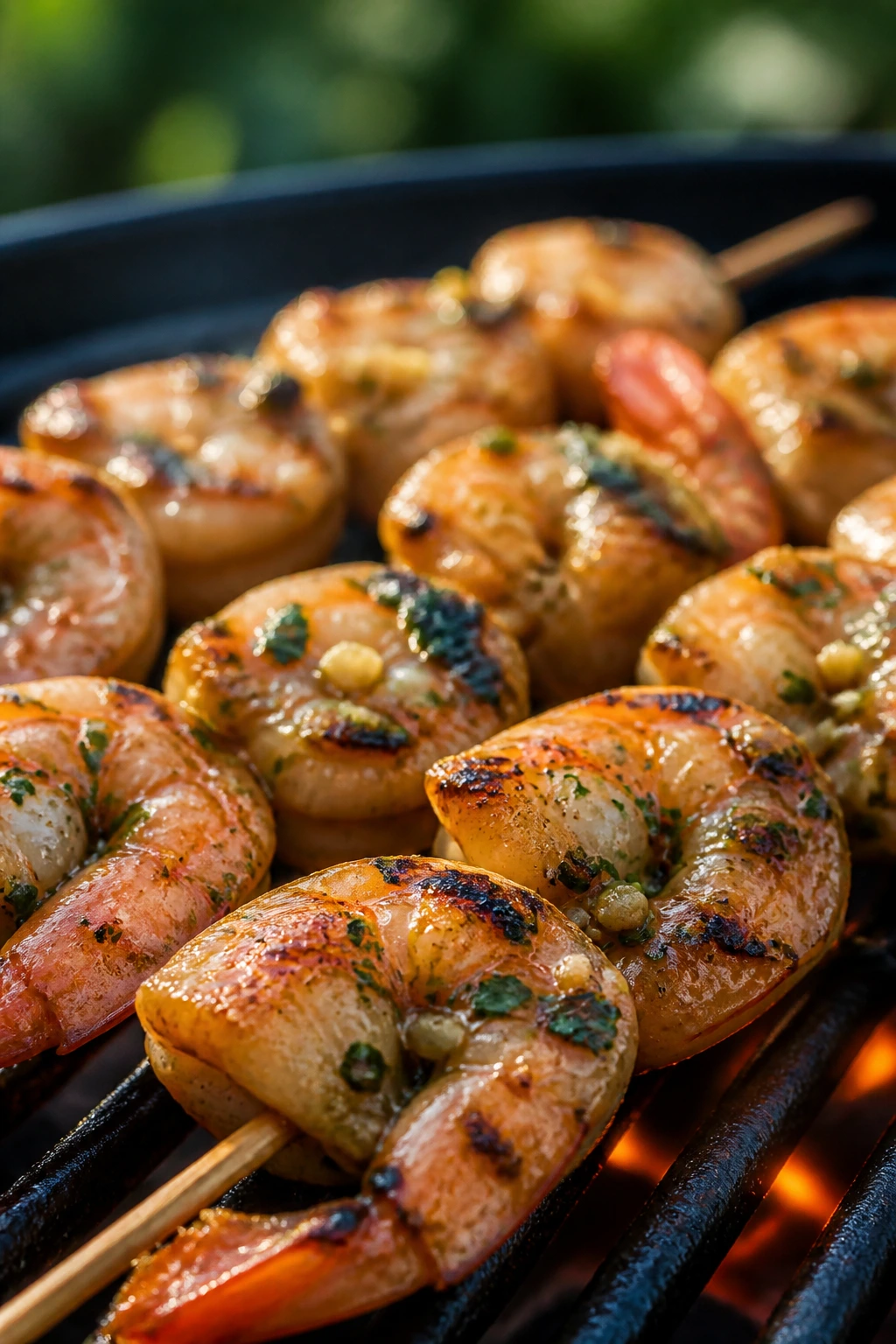 Shrimp skewers with garlic butter glaze on a grill