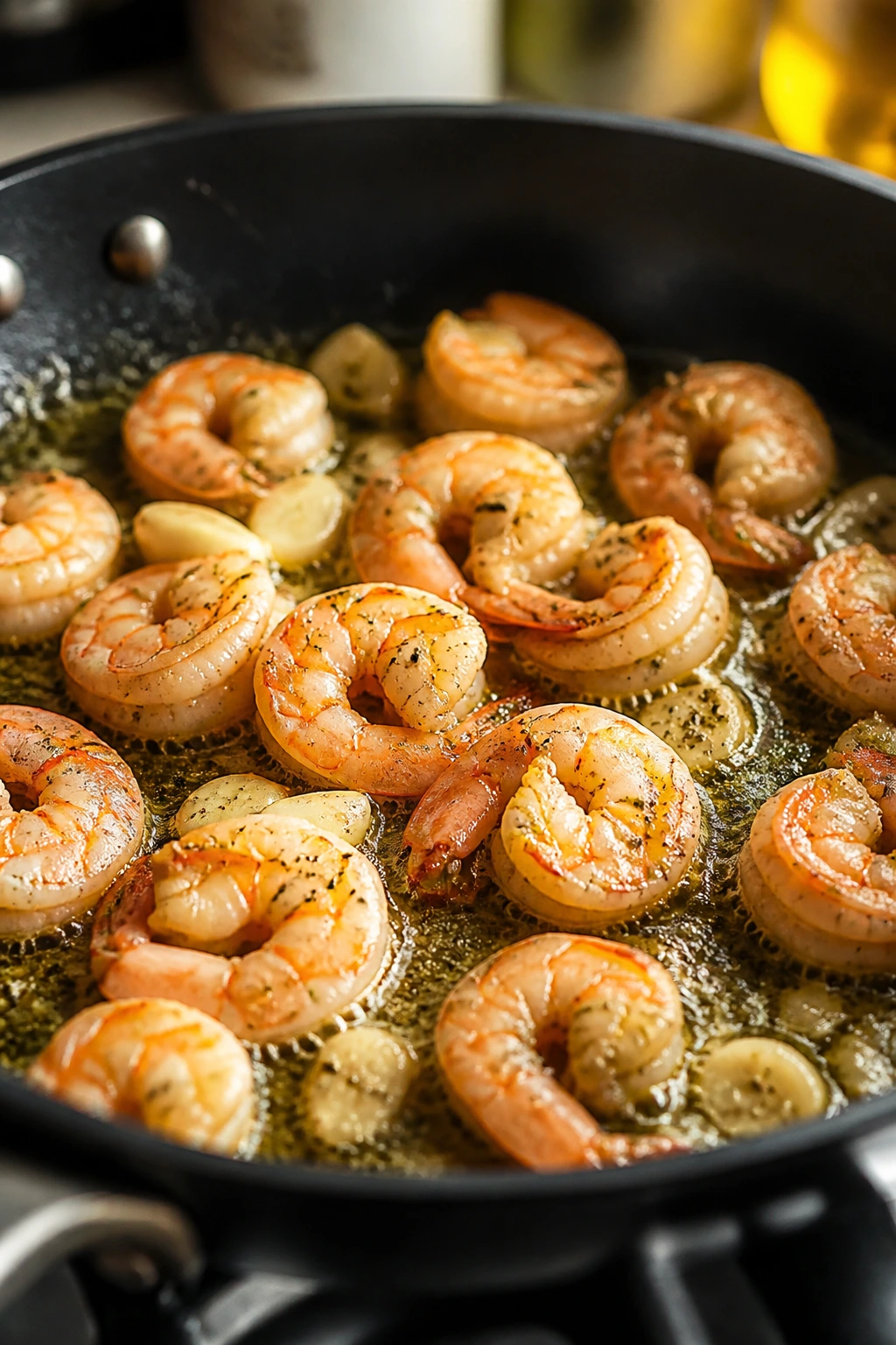 Shrimp cooking in a skillet with garlic and oil