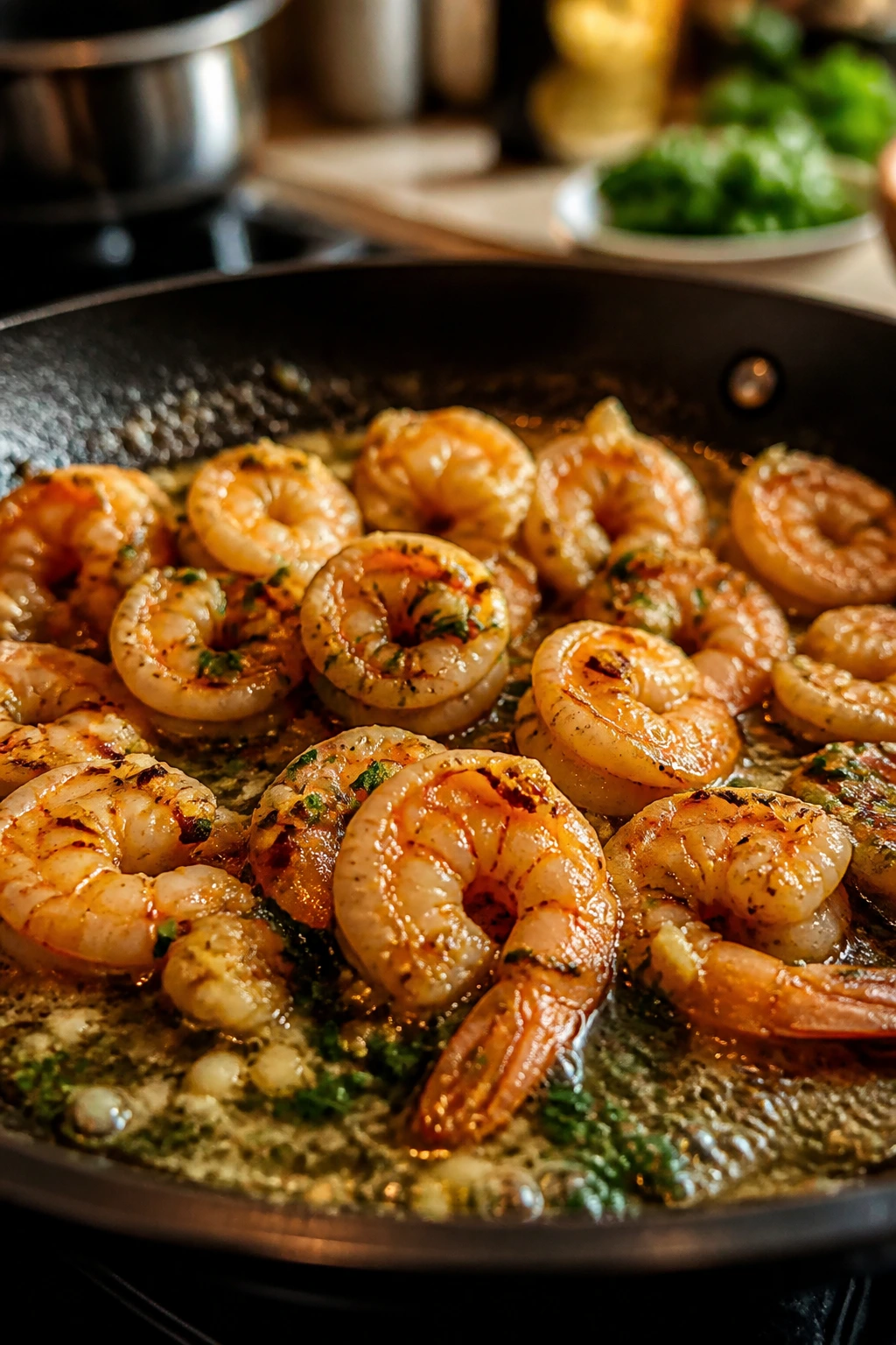 Close-up of shrimp in garlic butter in a skillet, representing quick weeknight dinners