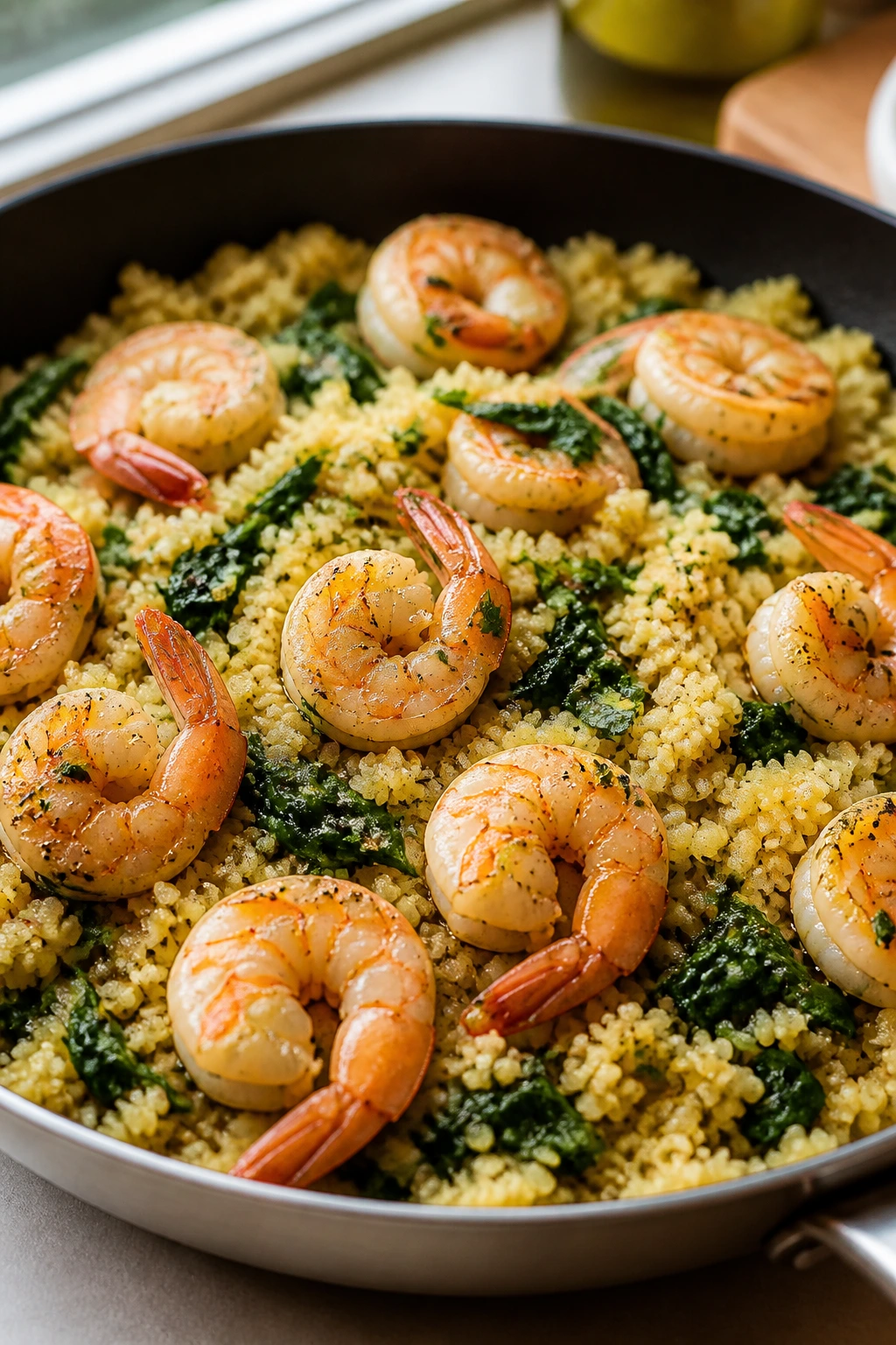 Close-up of lemon-garlic shrimp over fluffy spinach couscous in a skillet
