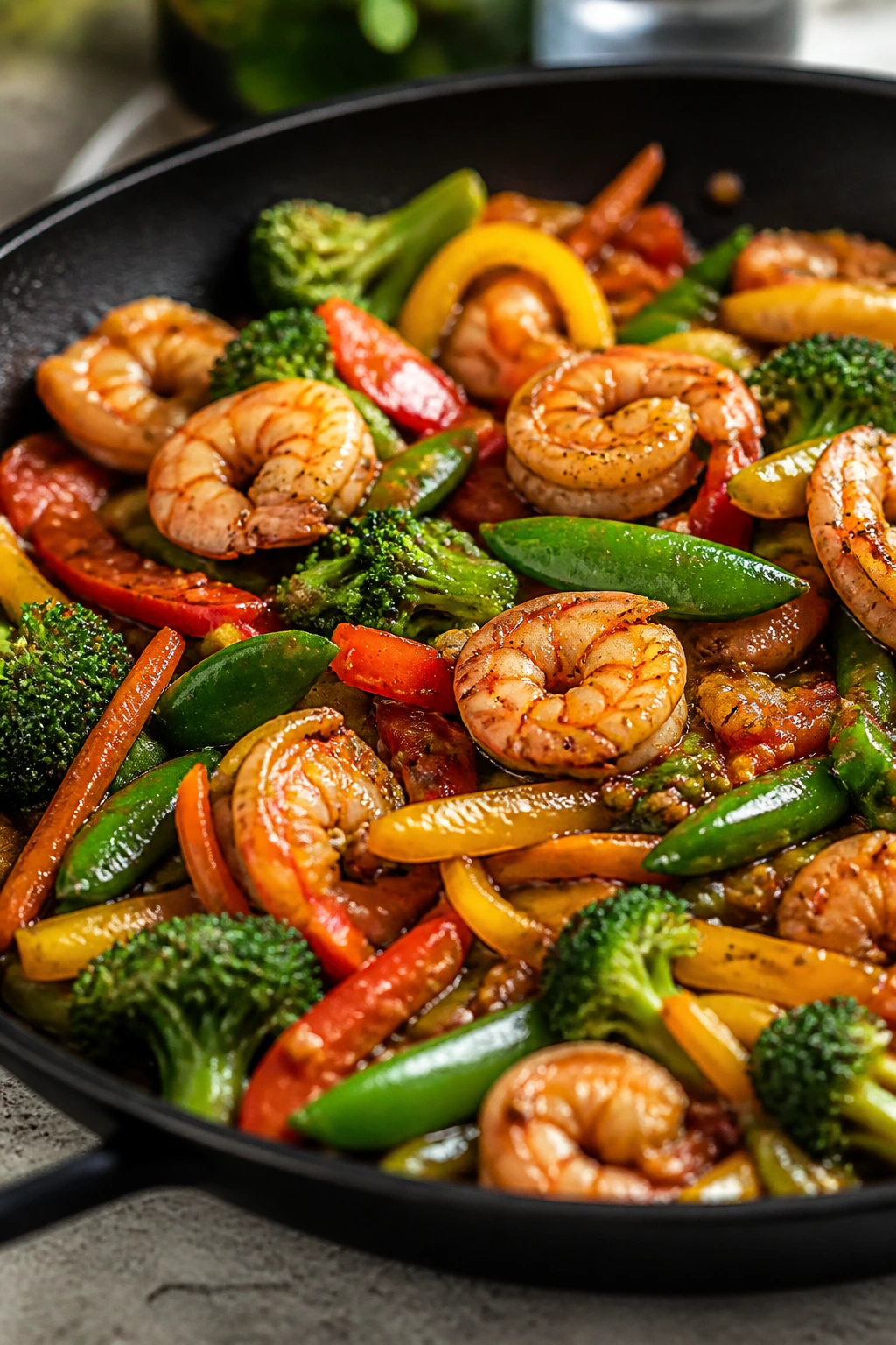 Close-up of garlic shrimp stir-fry with broccoli and peppers