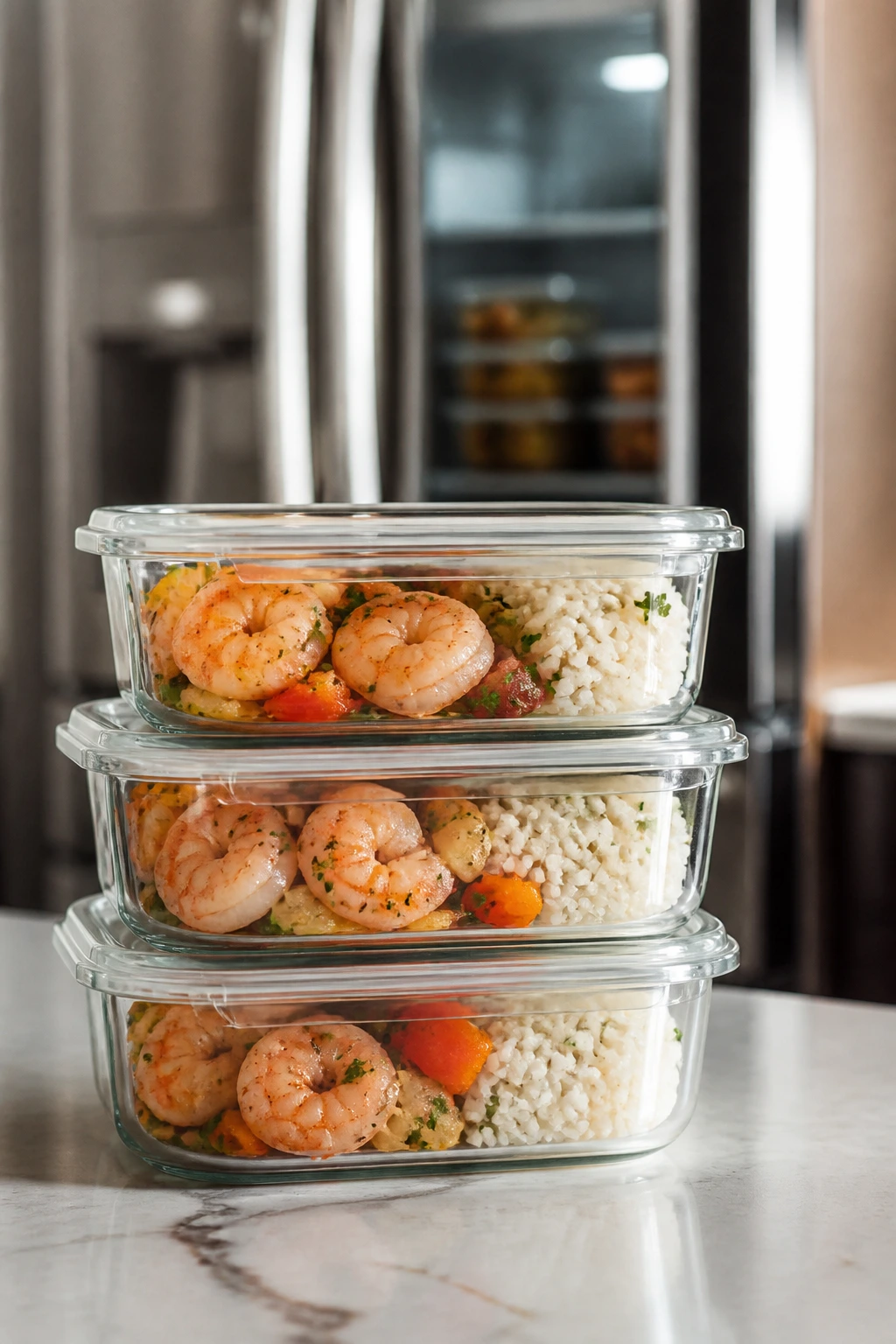 Close-up of shrimp and rice in glass meal prep containers on a kitchen counter