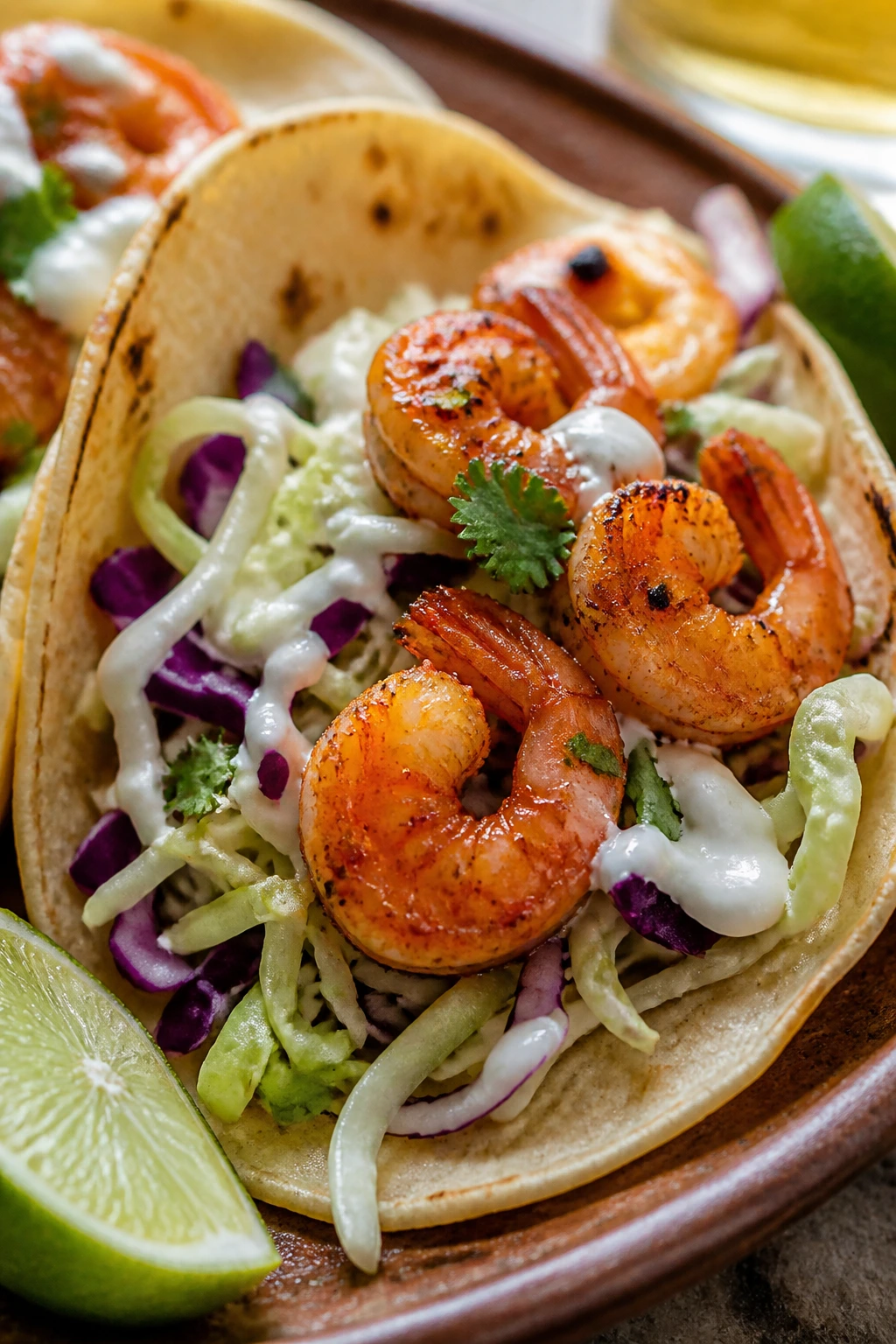 Close-up of shrimp taco with lime and cabbage on rustic plate