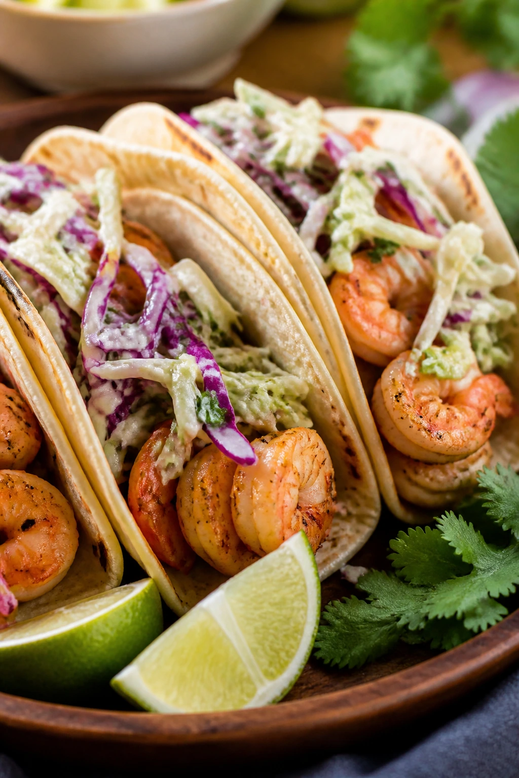 Close-up of shrimp tacos with lime slaw on a plate
