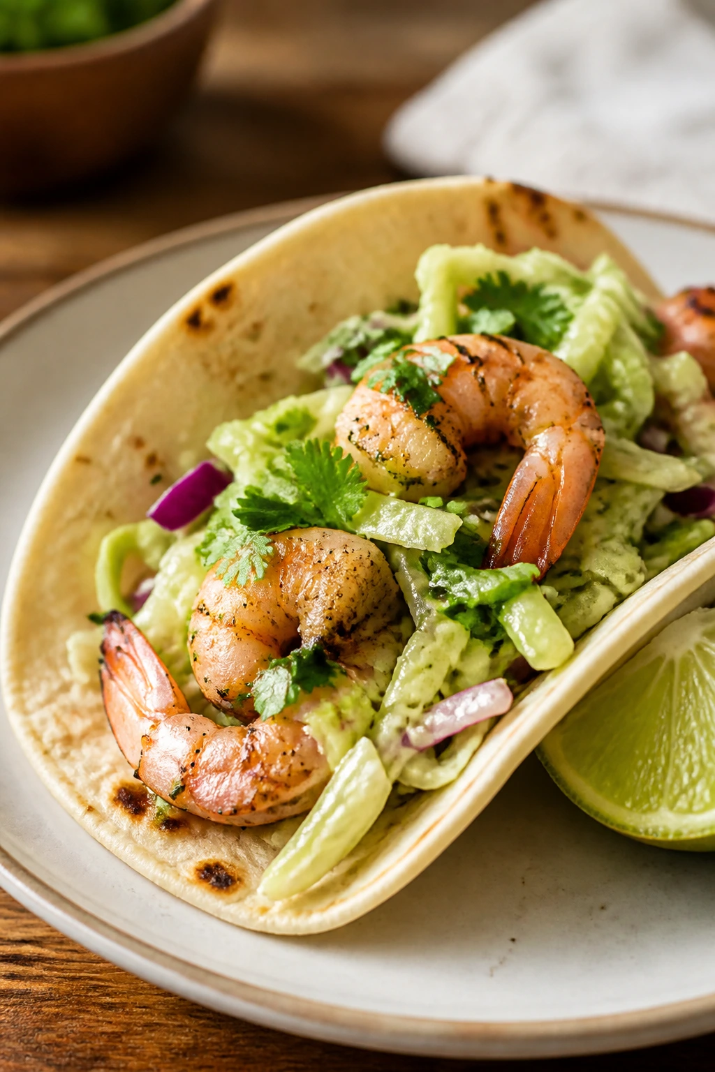 Close-up of a shrimp taco with lime slaw on a plate.