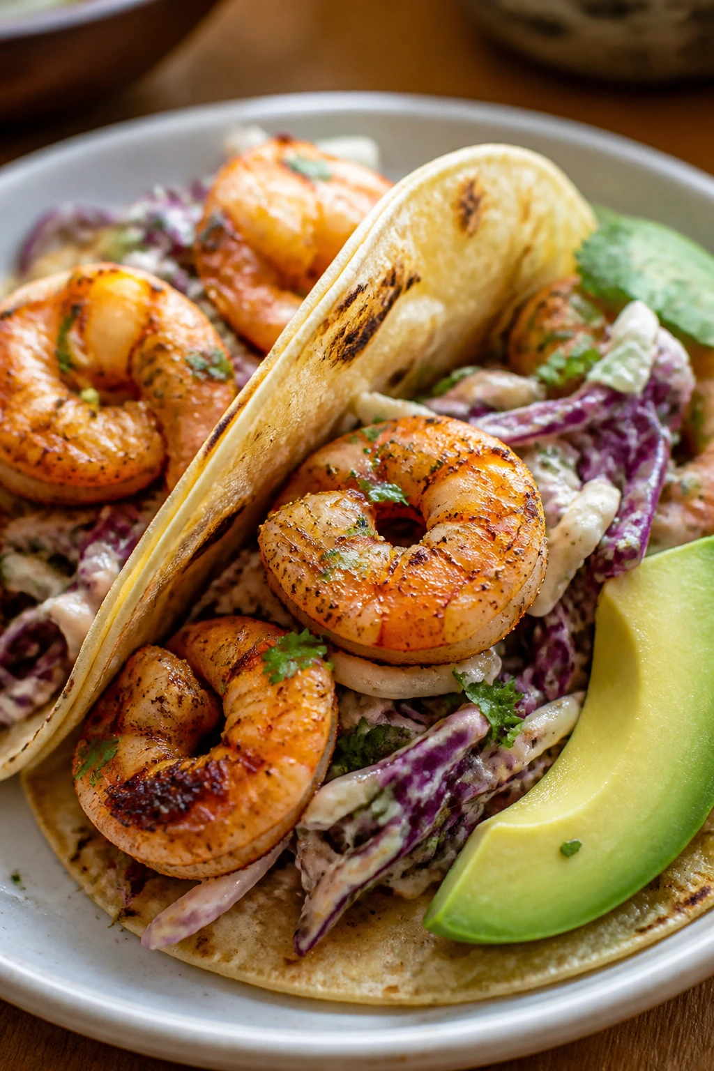 Chili-lime shrimp tacos with cabbage slaw on plate