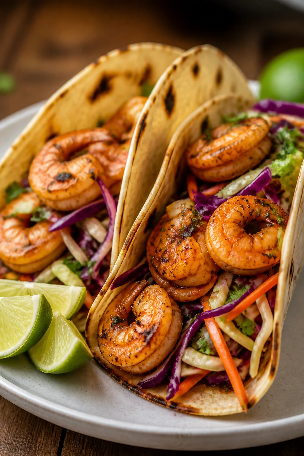 Shrimp tacos with crunchy slaw on a plate
