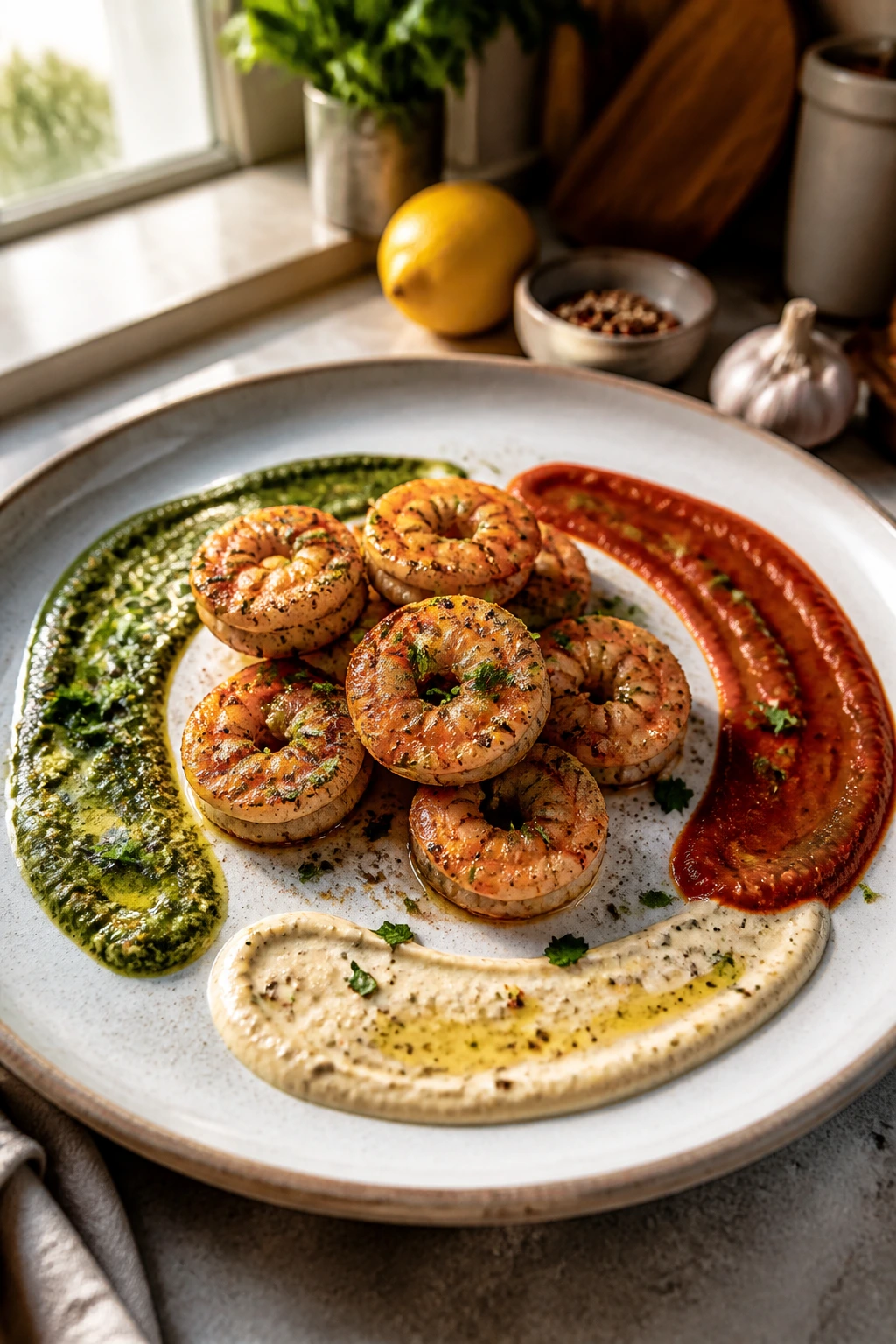 Shrimp plate with three distinct sauces showing variations