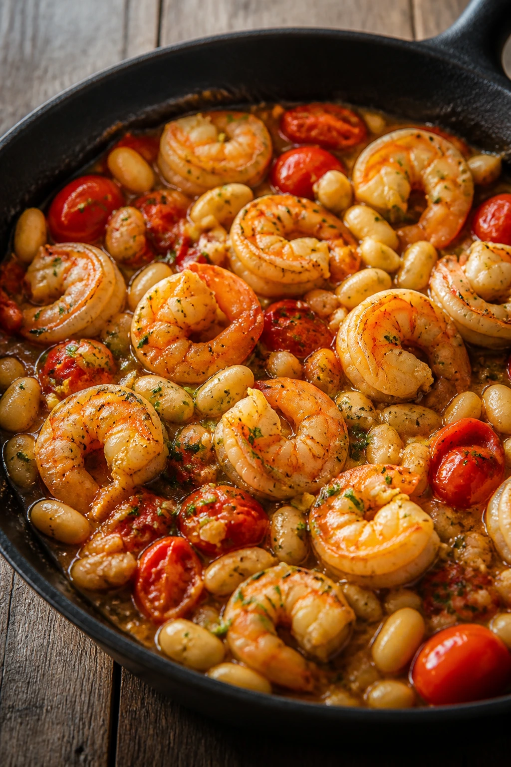 Close-up of shrimp with white beans and tomatoes in a skillet