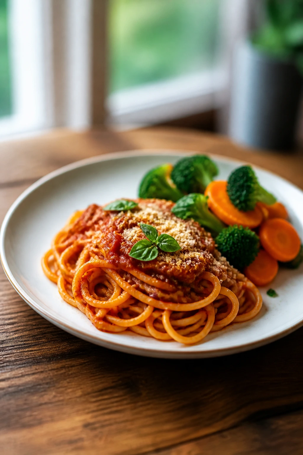 Plate of neatly arranged spaghetti with vegetables on simple table