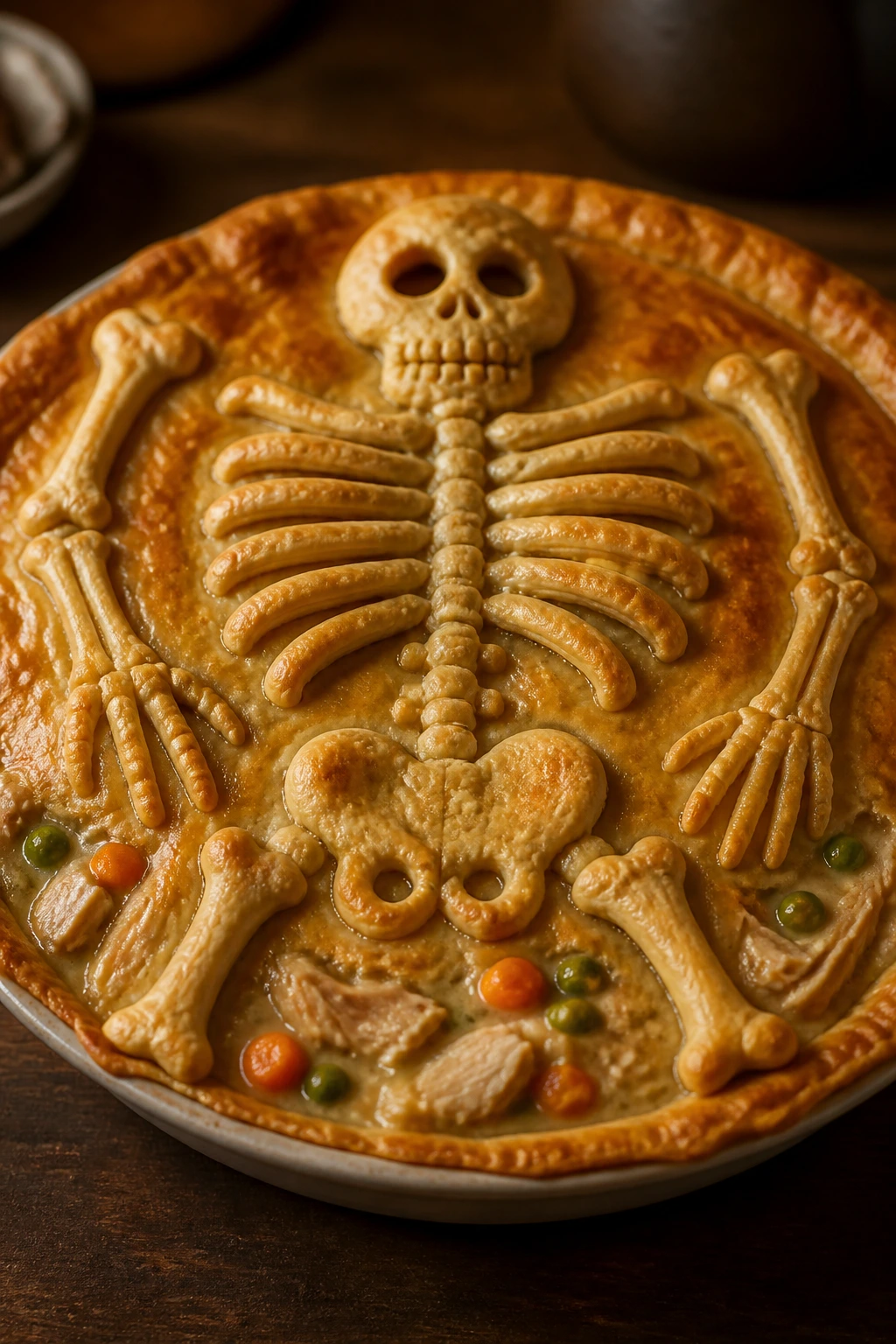 Close-up of skeleton-pastry topped chicken pot pie on a warm table