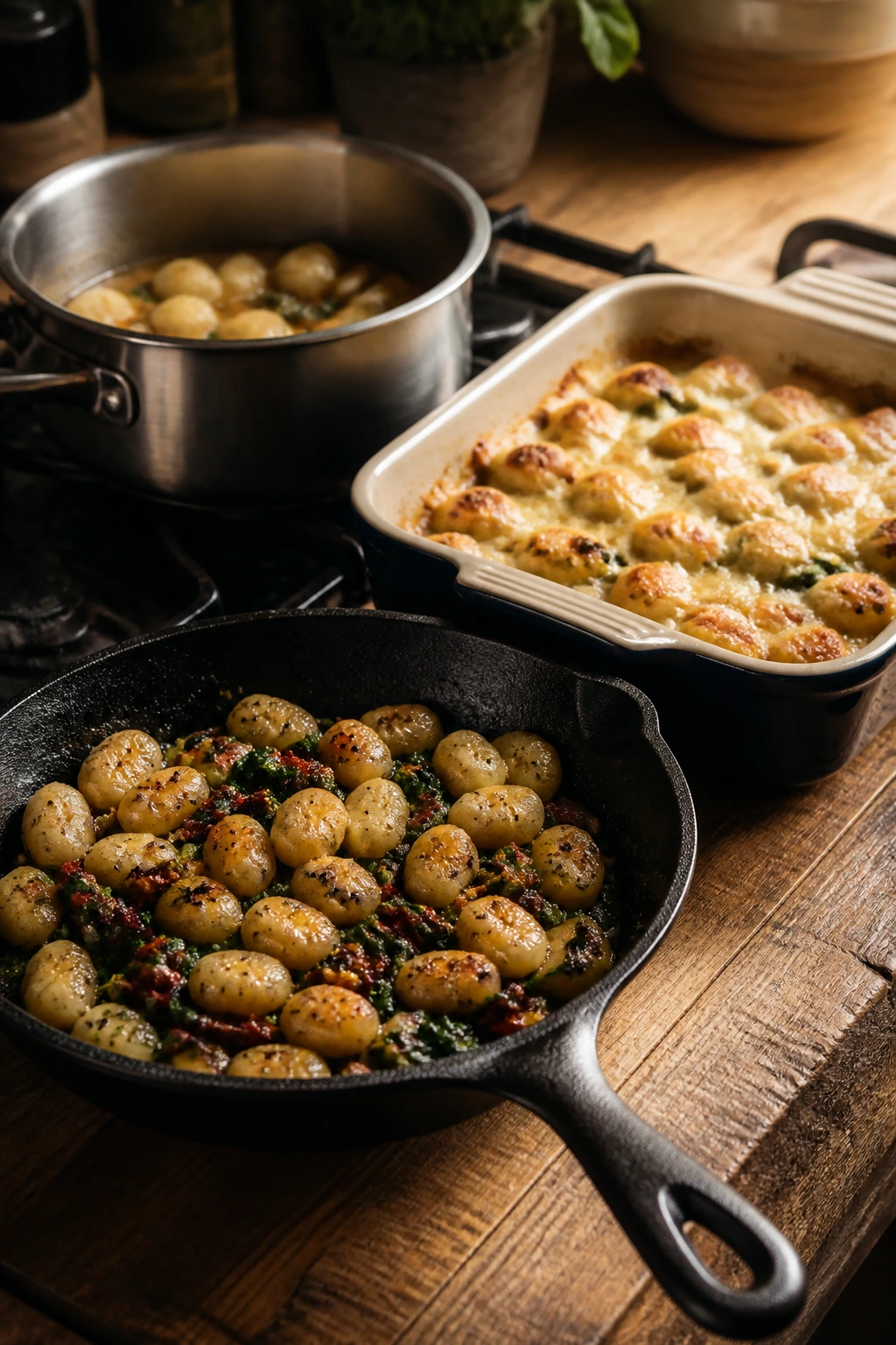 Skillet, bake dish, and pot on stove in warm kitchen