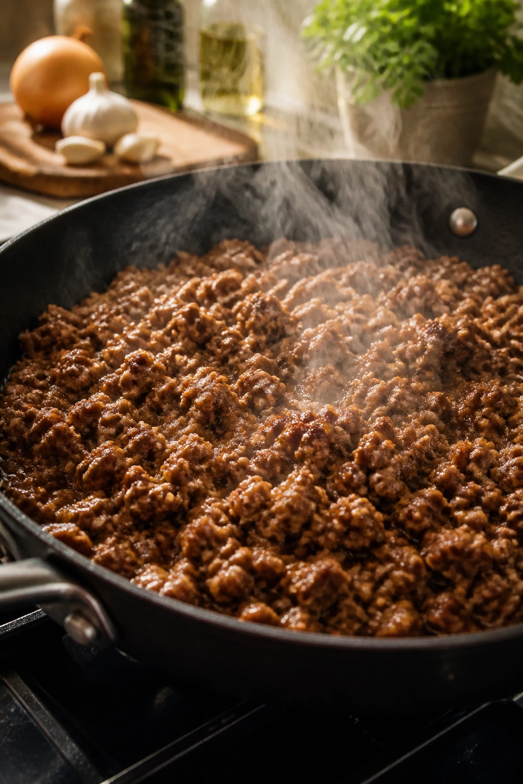Large skillet with browned beef on stove emitting steam