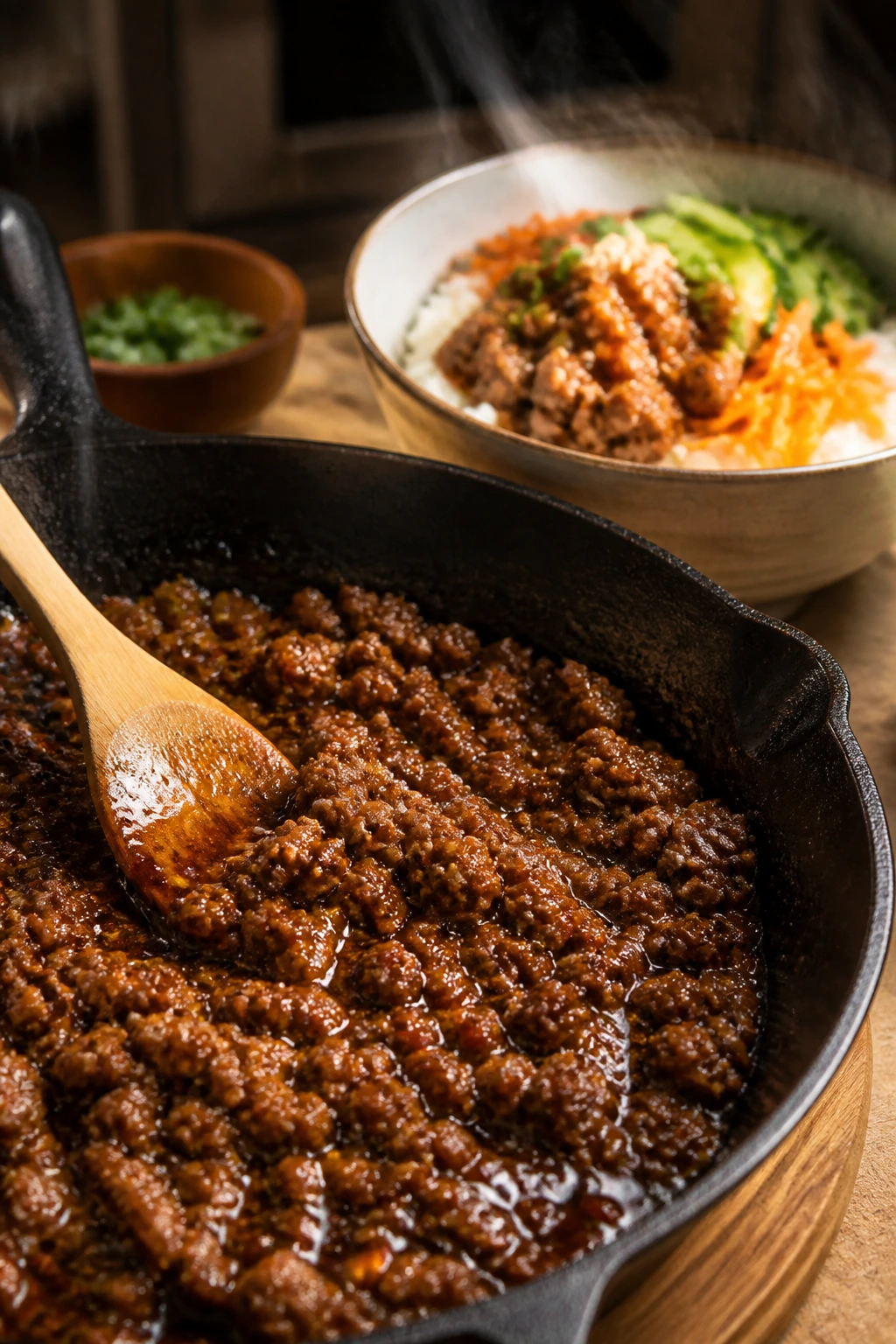 Skillet browning beef with hot honey glaze beside a bowl