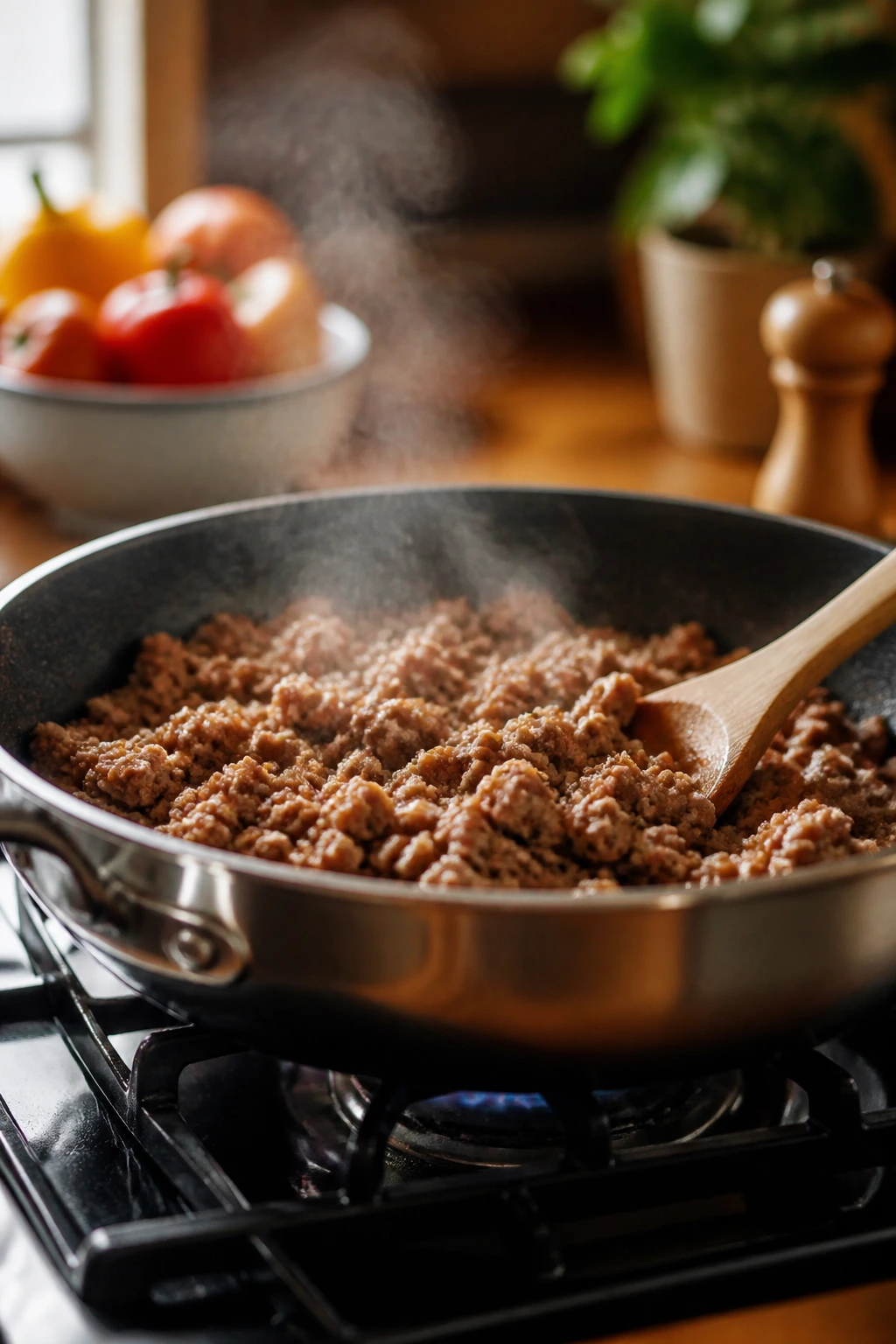 Large skillet browning meat on a stove in a warm kitchen