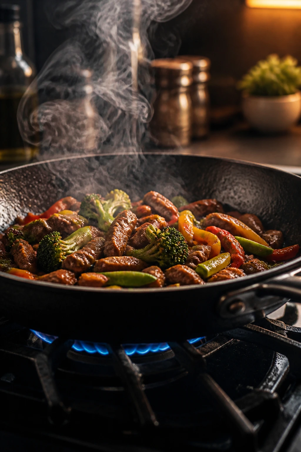 Sizzling skillet on stove with stir-fry steam