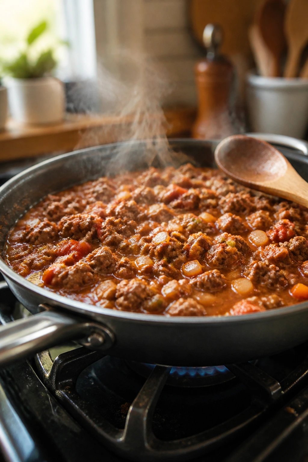 Close-up of a simmering skillet showing beef and sauce in a busy kitchen