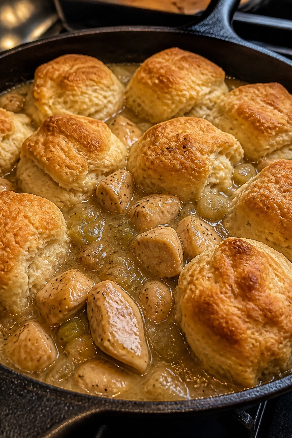 Cast-iron skillet with chicken and biscuits in sauce