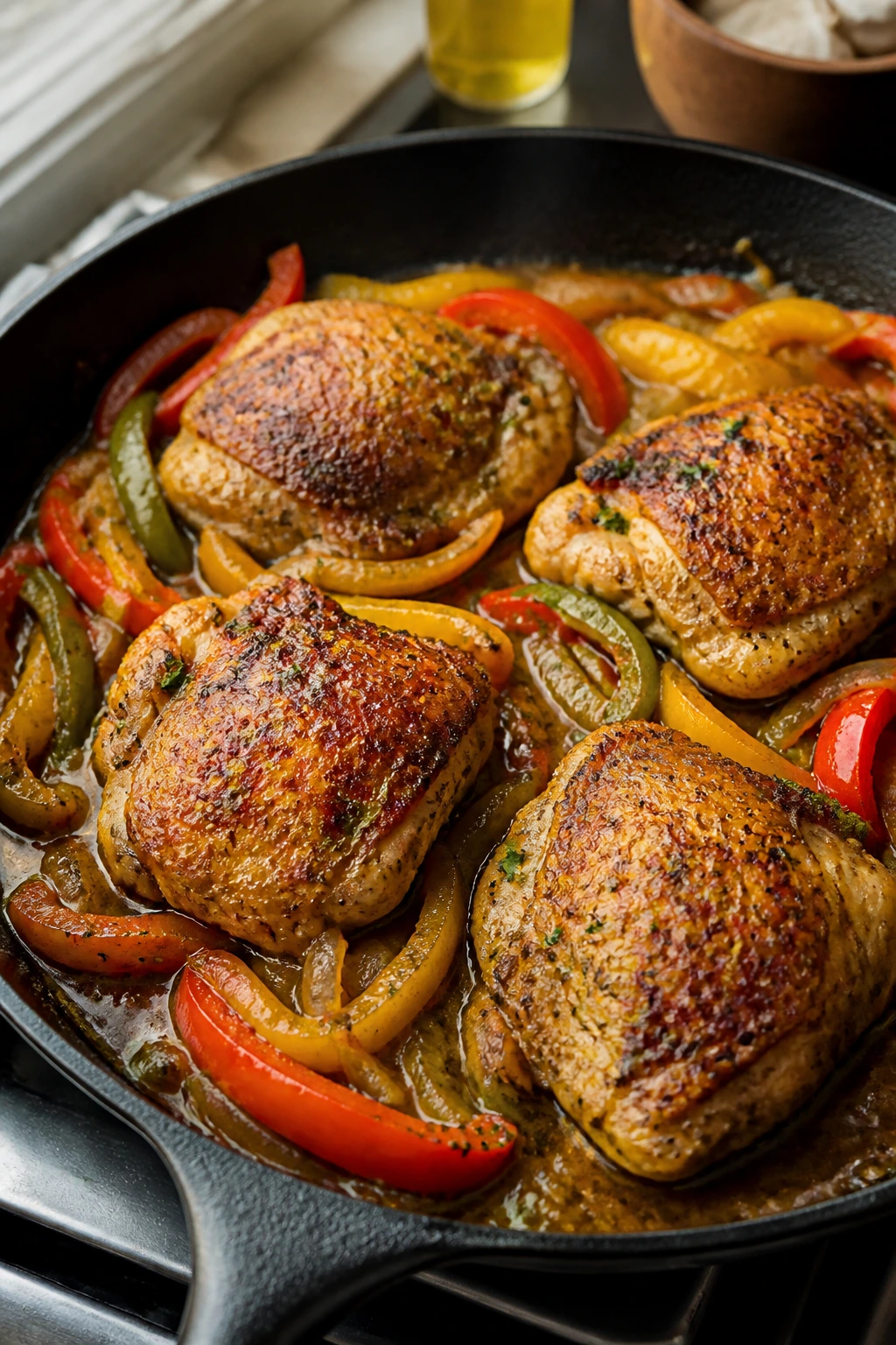 Cast iron skillet with browned chicken thighs and pan sauce