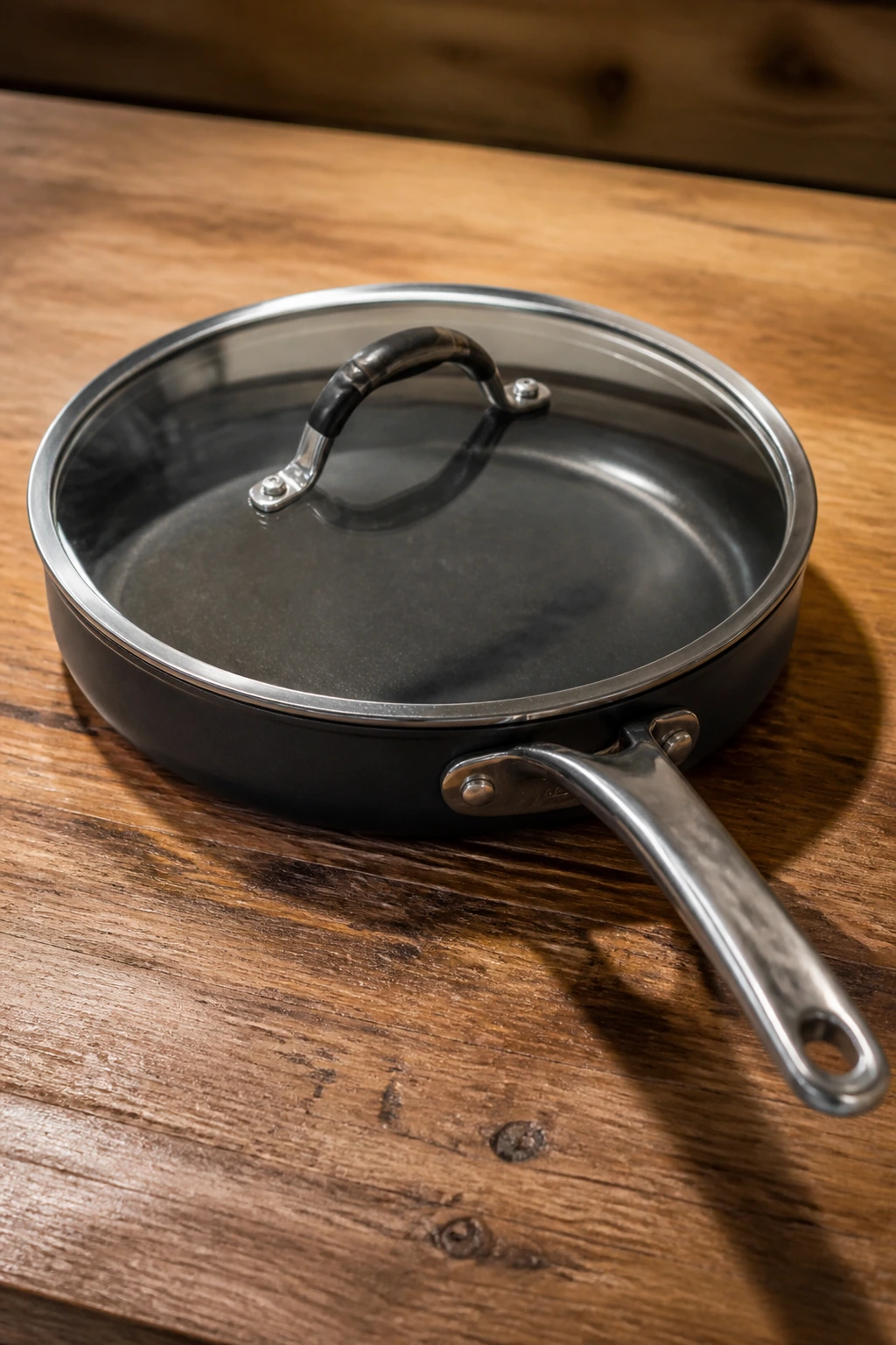 12-inch skillet with lid on a wooden counter