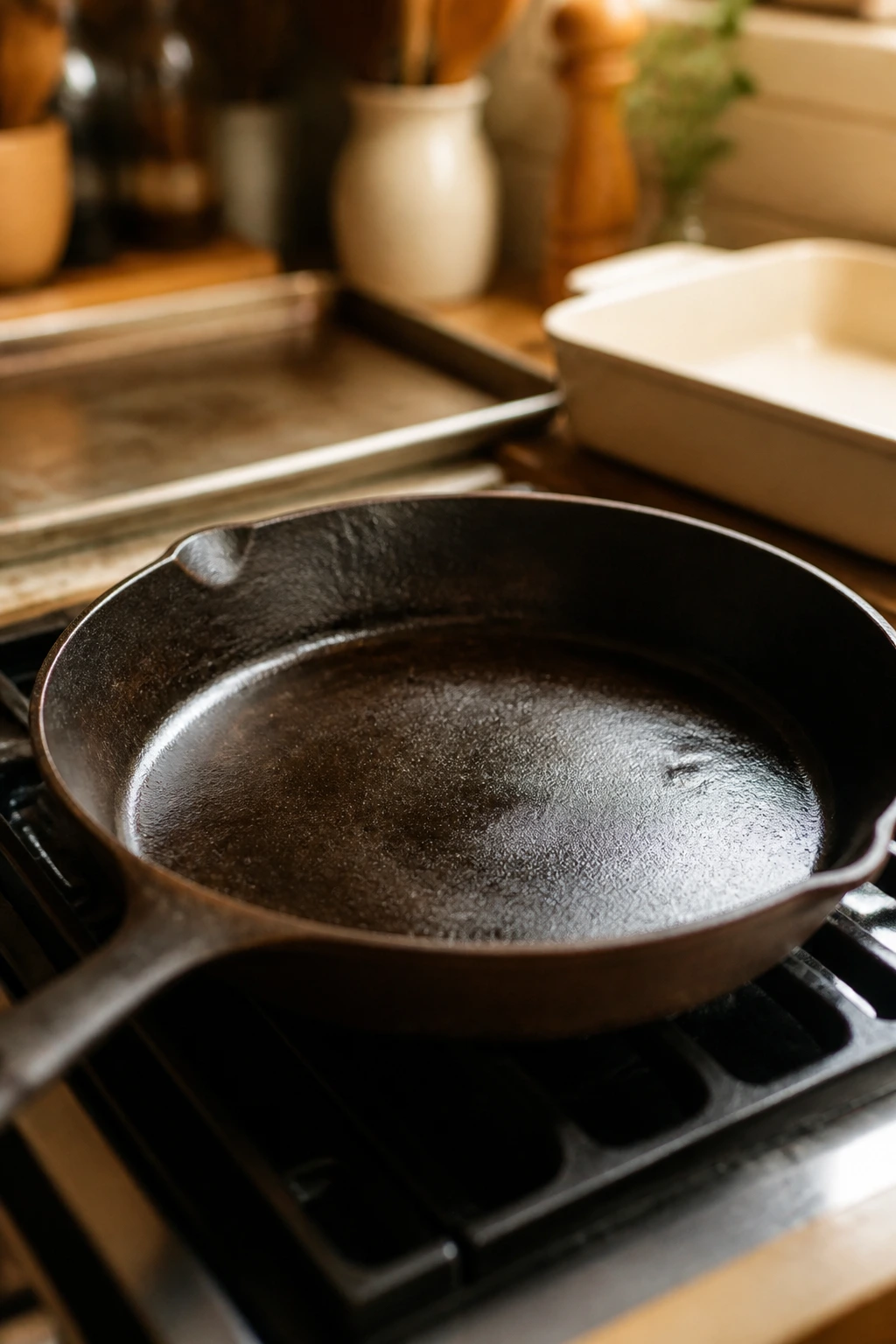 Close-up of a large skillet on a stove with hints of other cookware in the background.