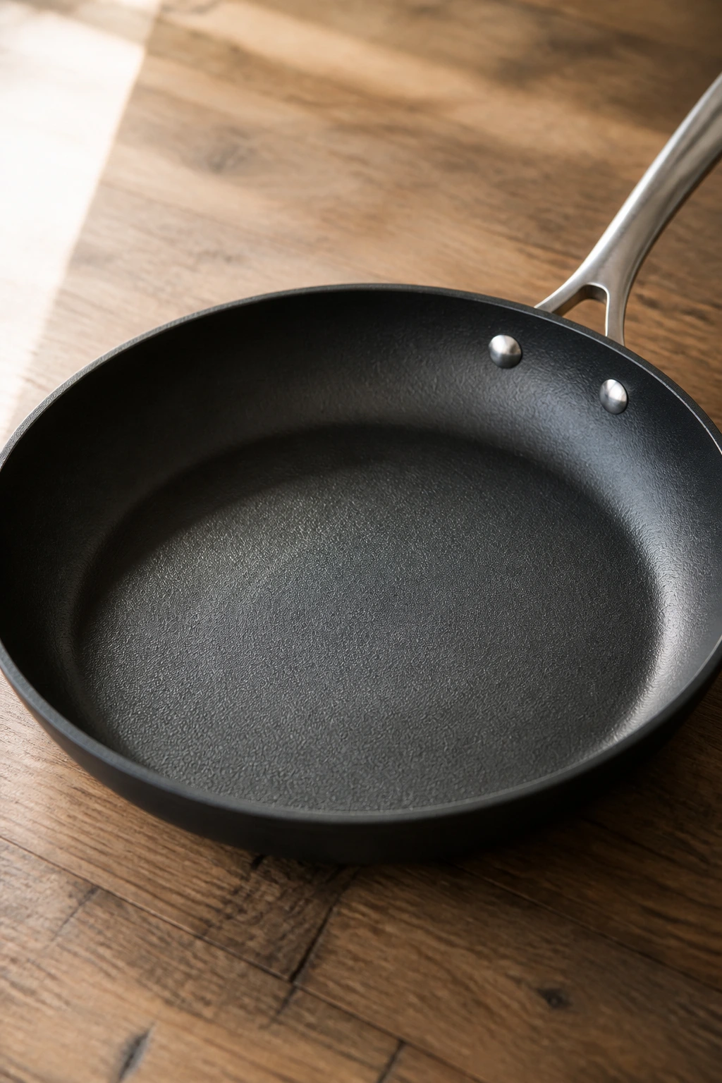Close-up of a large skillet on wooden counter