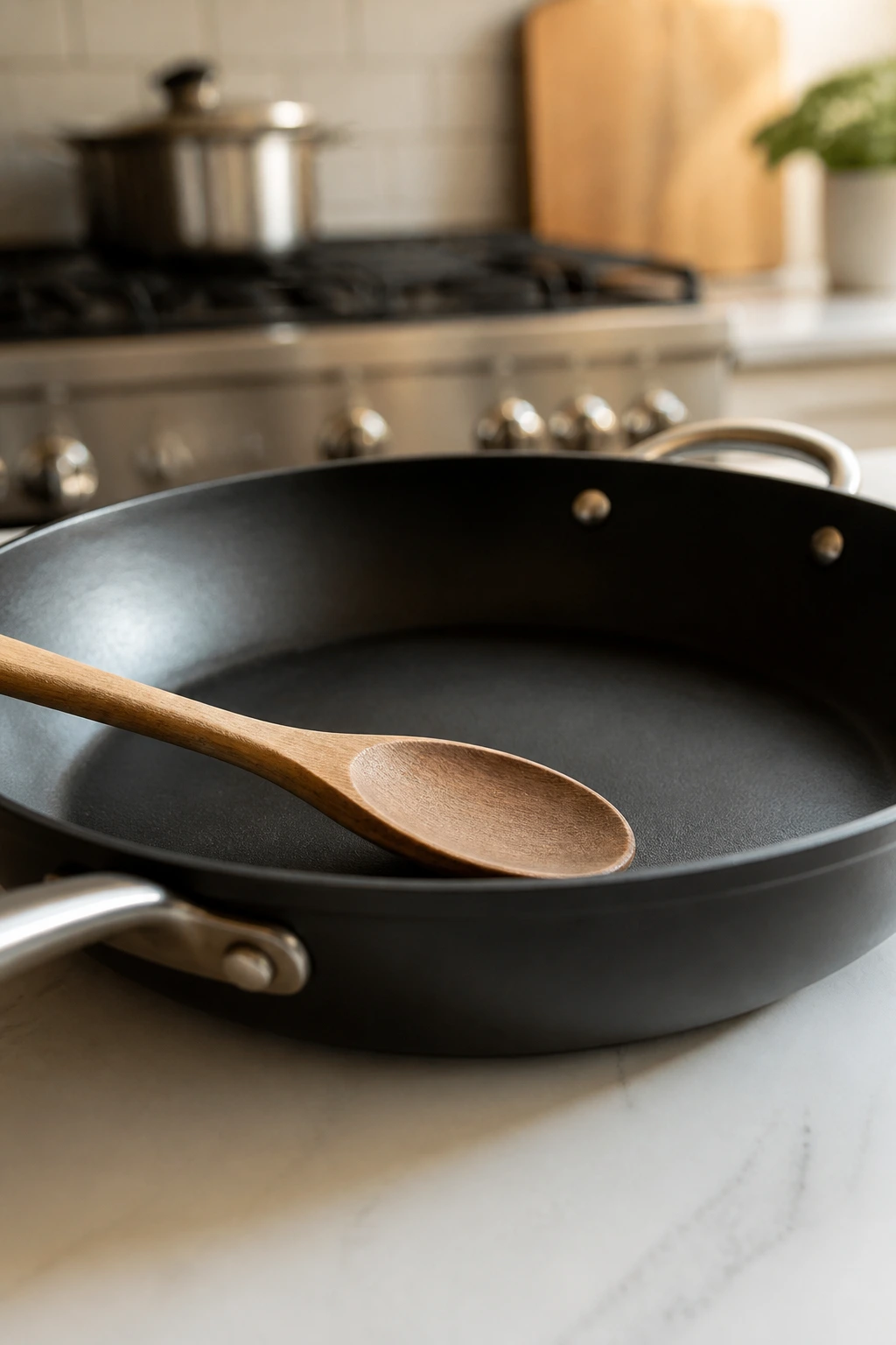 Close-up of a large skillet with a wooden spoon in a kitchen setting.