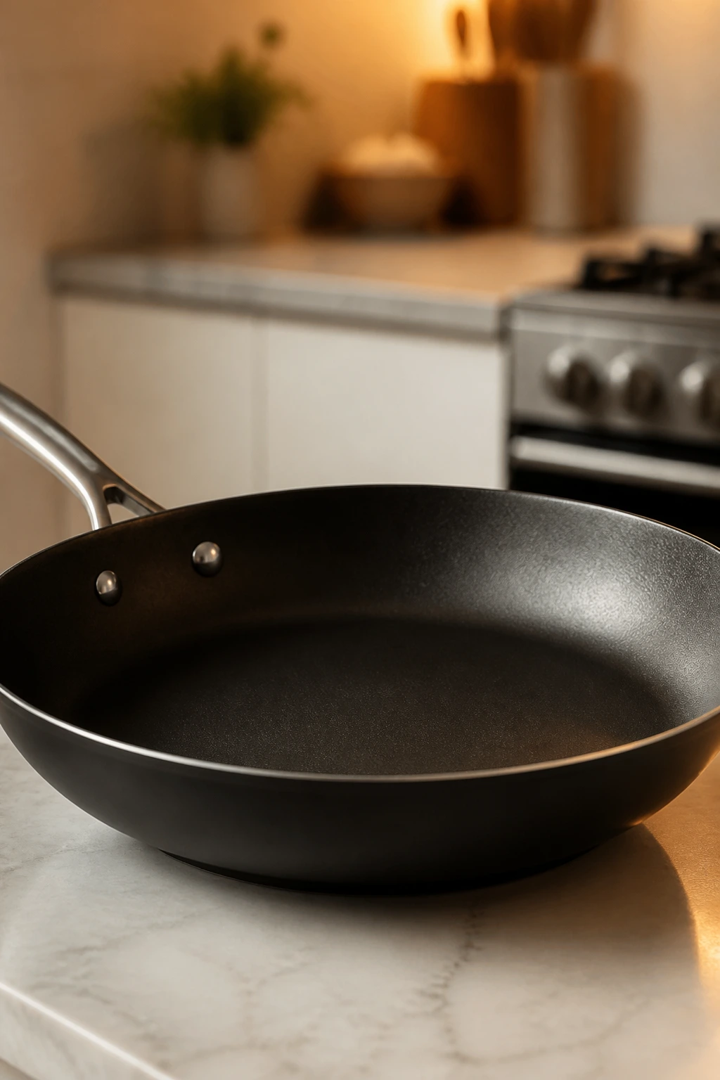 Close-up of a large skillet in a kitchen