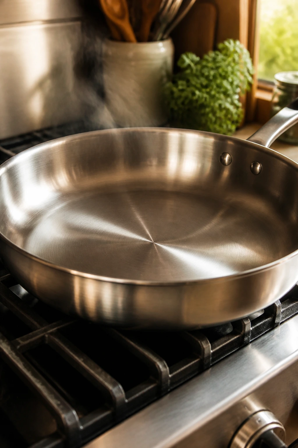 Close-up of a large skillet on a stove in a kitchen.